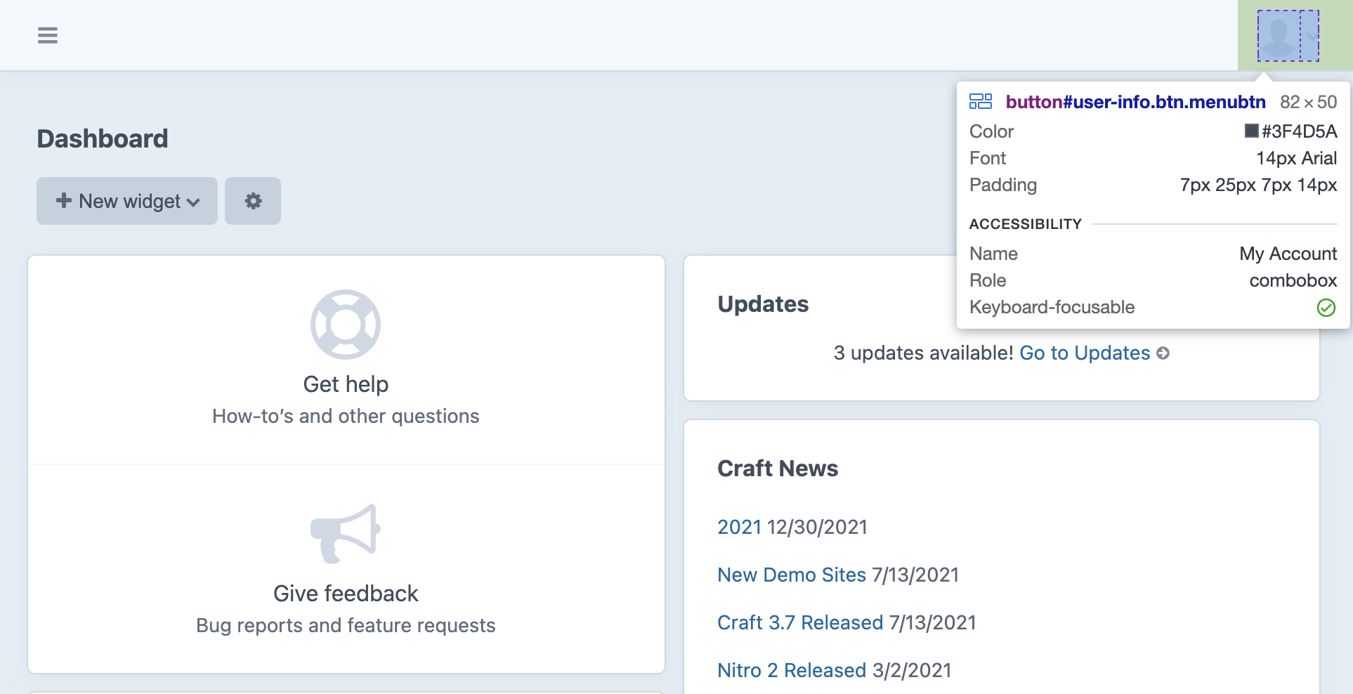 Screenshot of previous My Account button highlighted by Dev Tools; accessibility information shows a combobox role