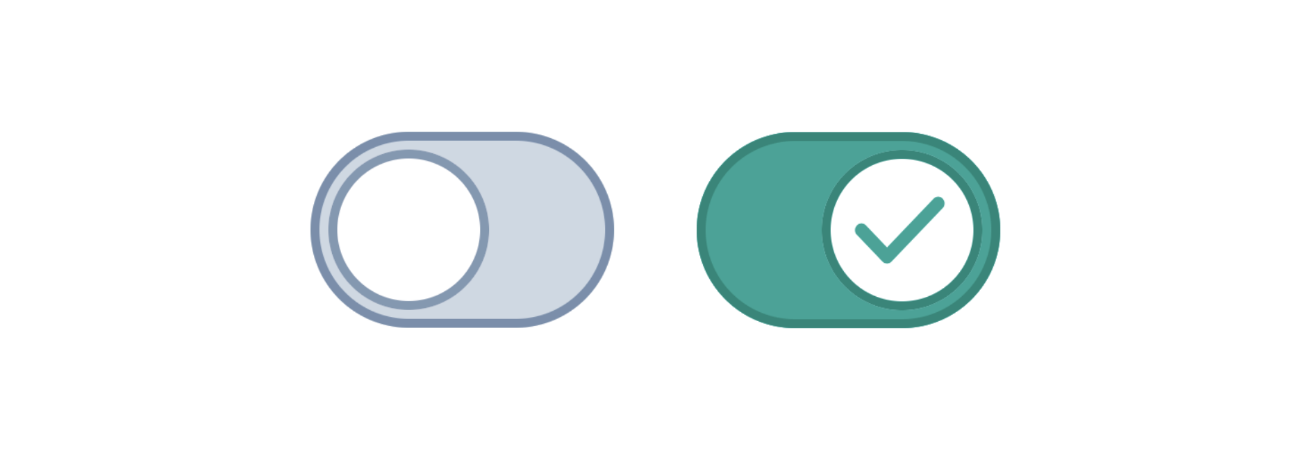 Side-by-side comparison of a disabled and enabled lightswitch. The disabled lightswitch has dark gray outlines for the outline and handle. The enabled lightswitch has a green background and white handle with a large checkmark inside the handle.