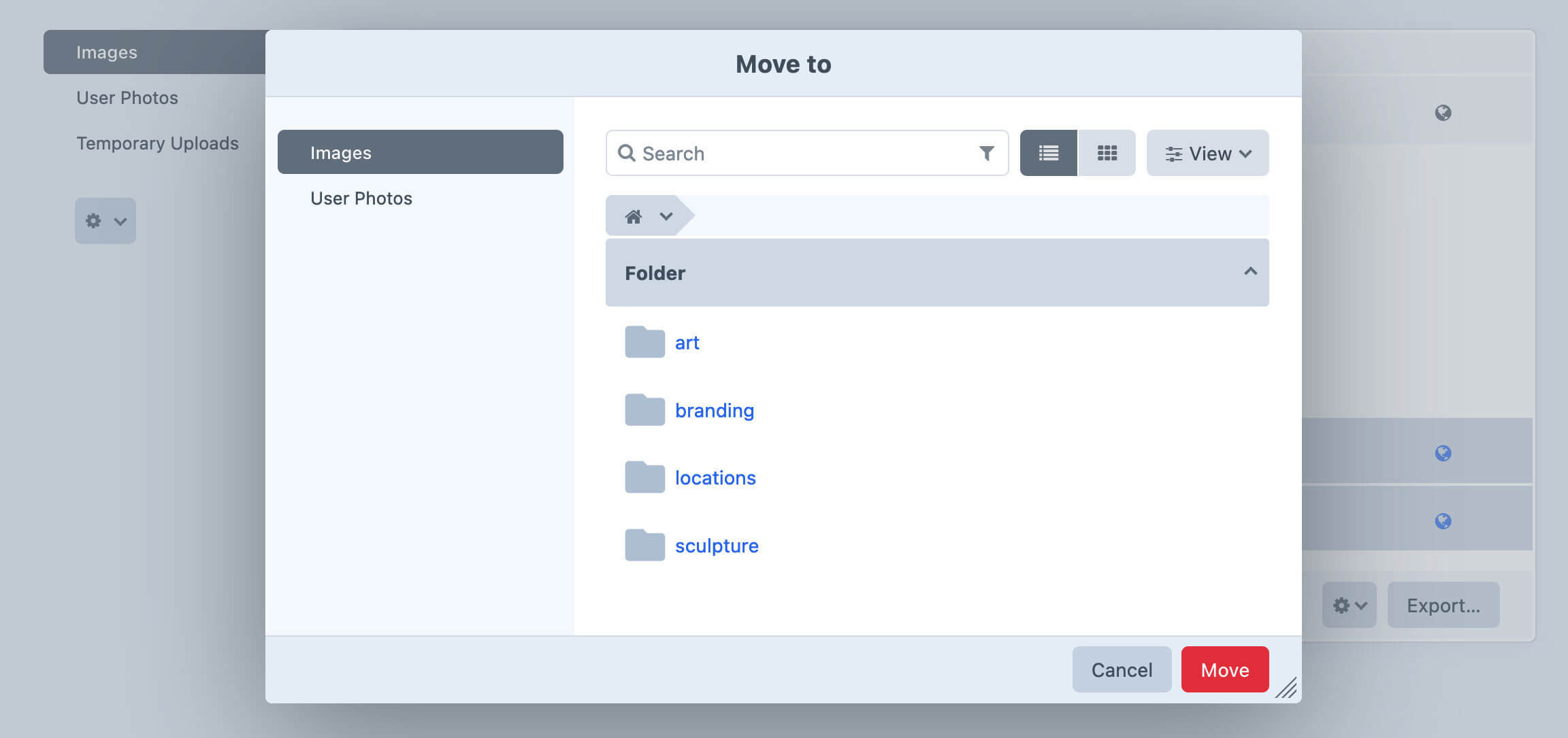 Asset index “Move to” modal