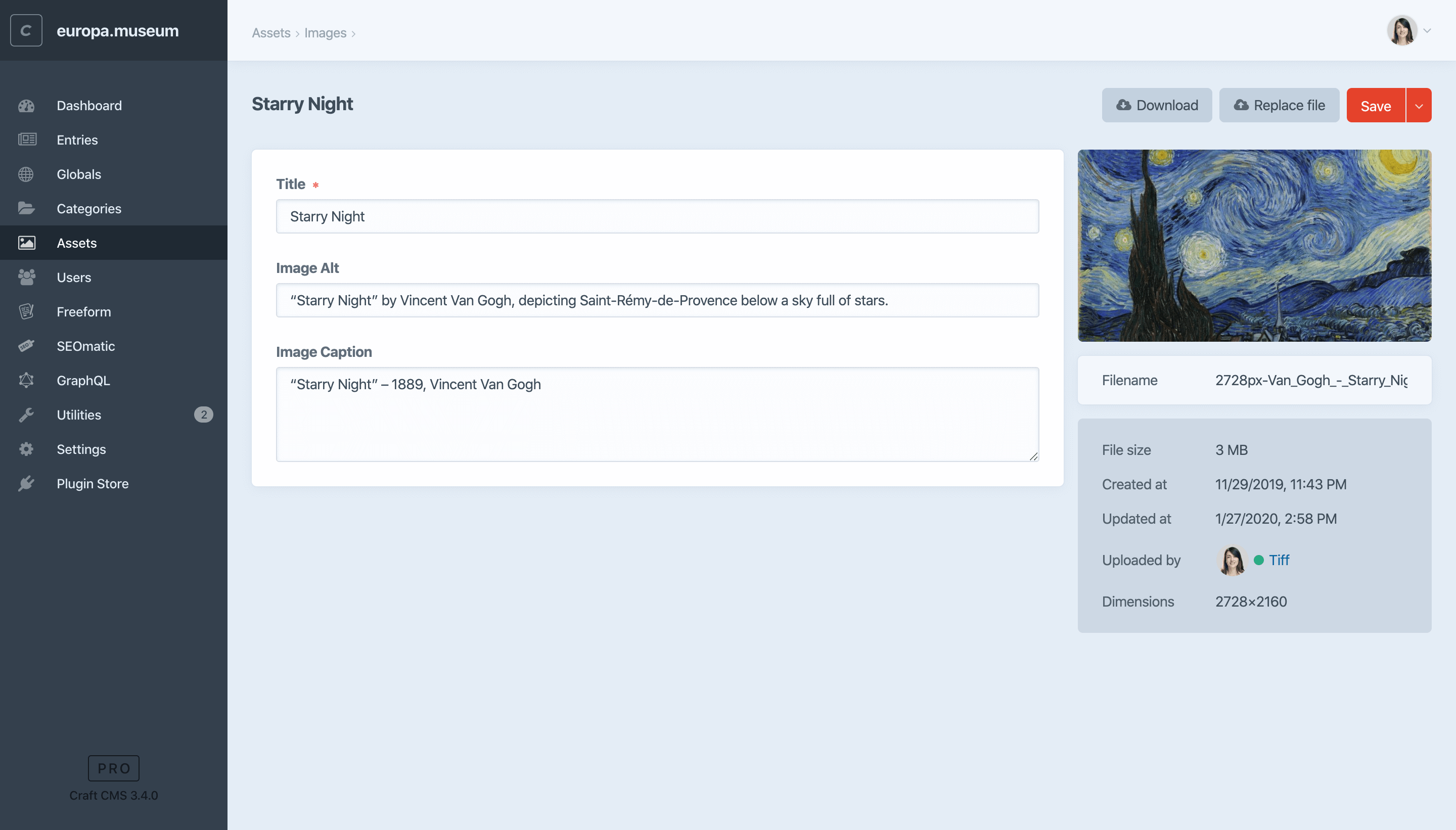 An Edit Asset page in Craft 3.4.