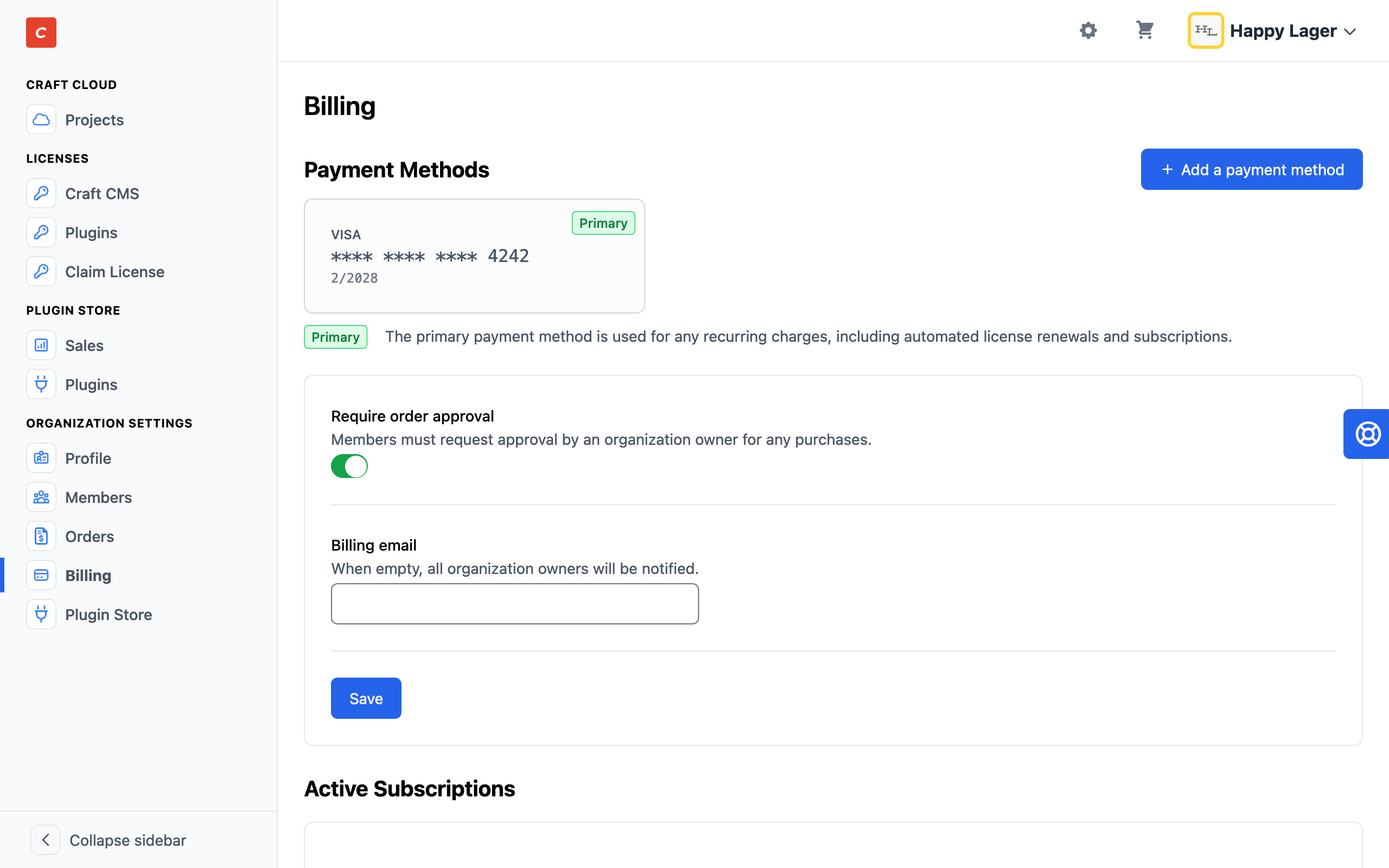 Craft Console: Organization Billing Info