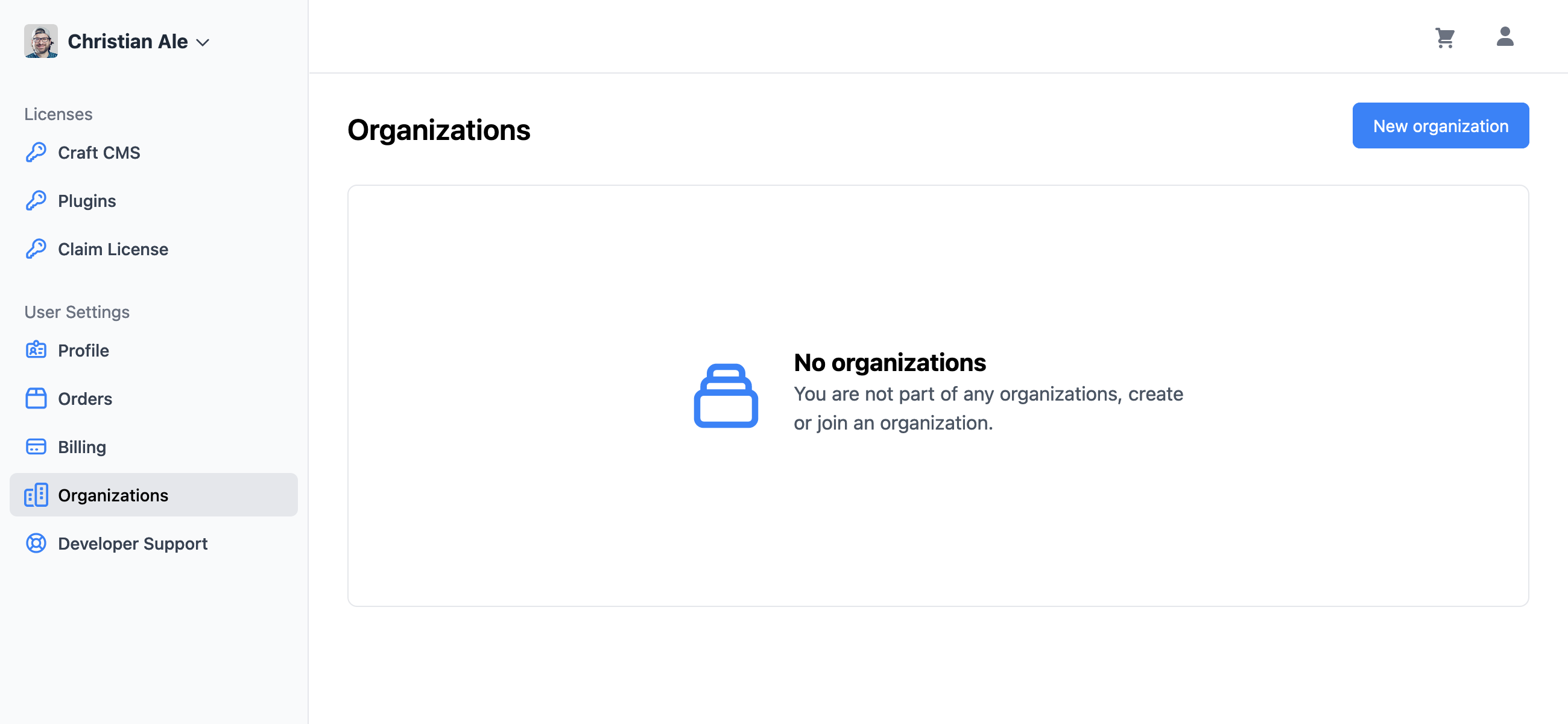 Craft Console: Empty Organizations List