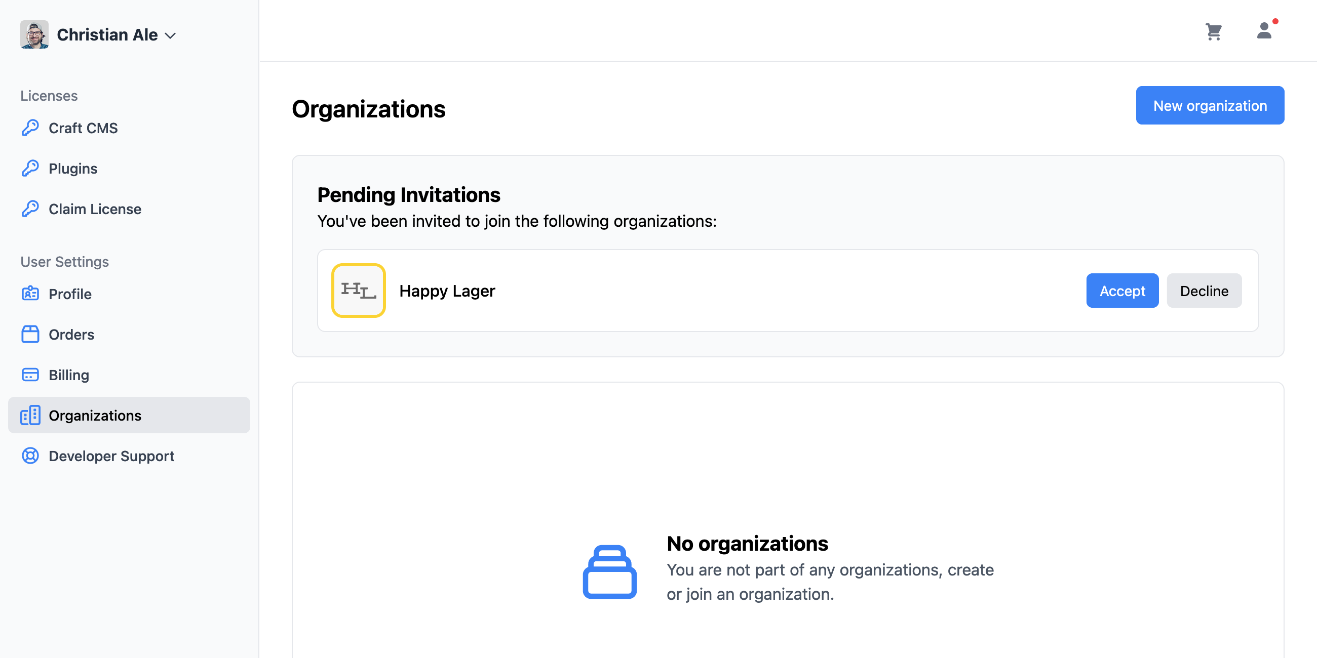 Craft Console: Organization Invite for Existing User