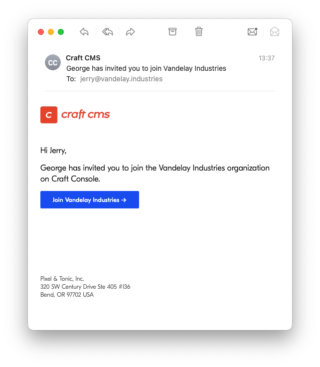 Craft Console: Organization Invite Email