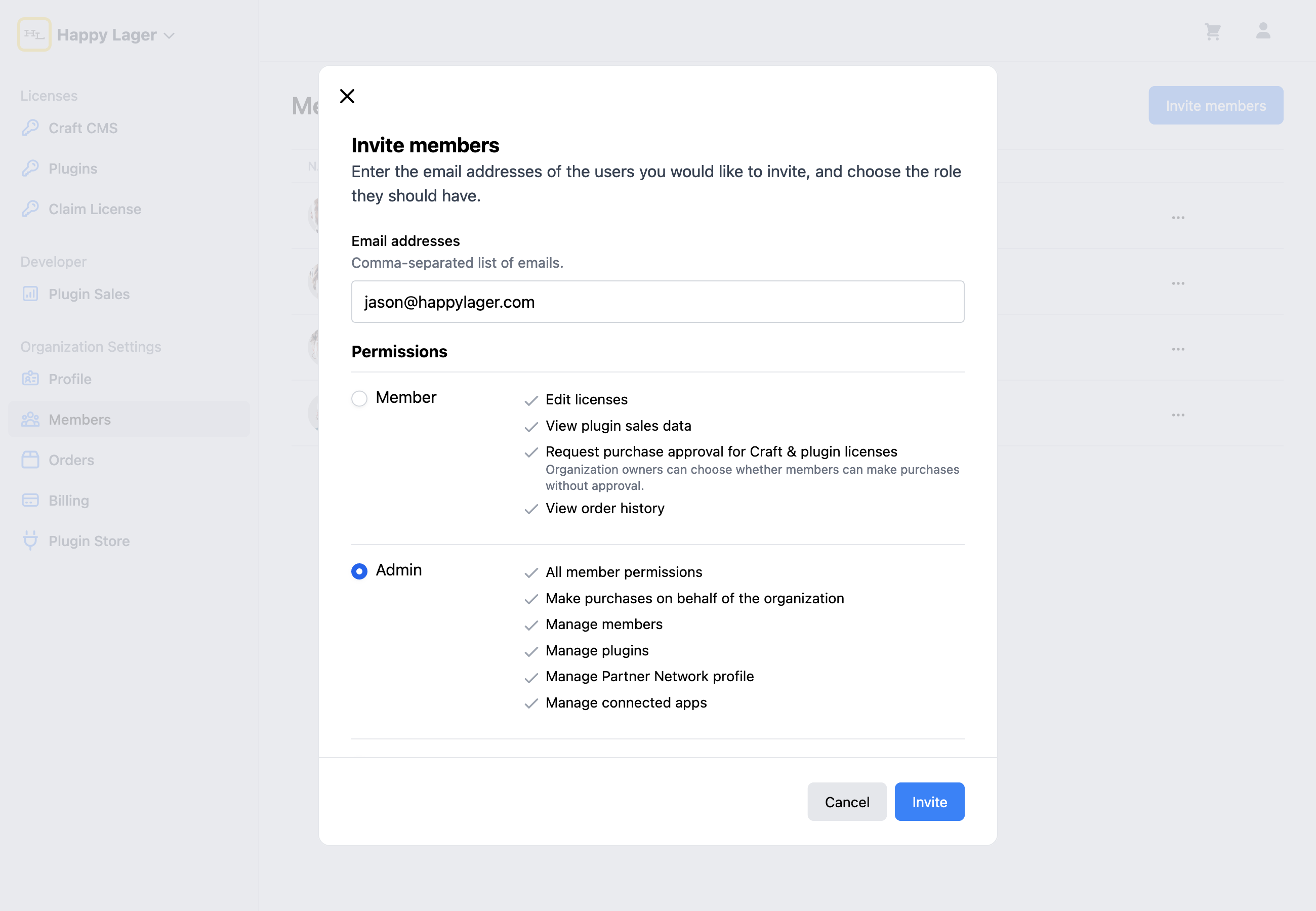 Craft Console: Invite Member