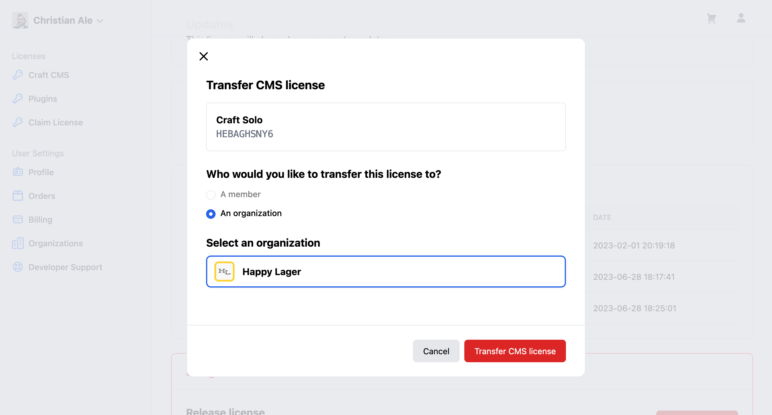 Craft Console: Transfer License Target