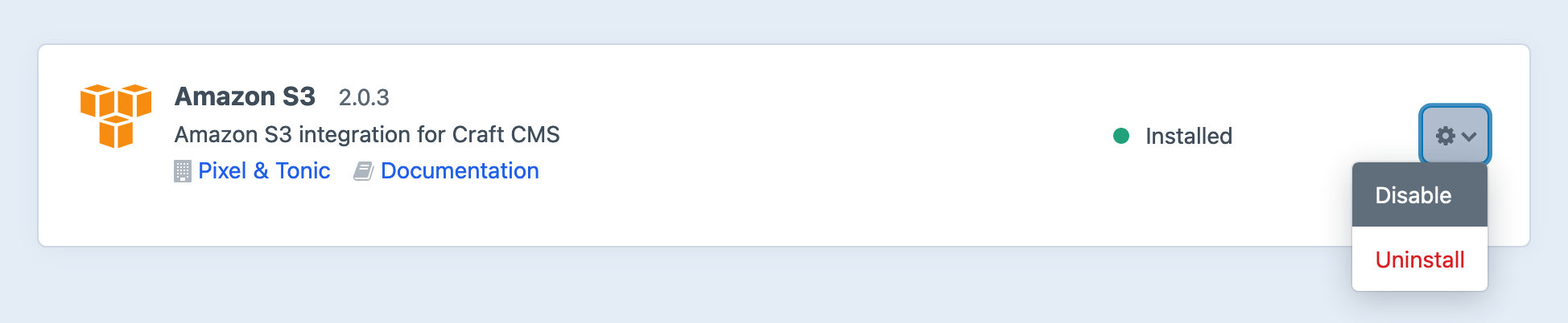 A plugin’s listing on the Settings → Plugins page, with its action menu expanded
