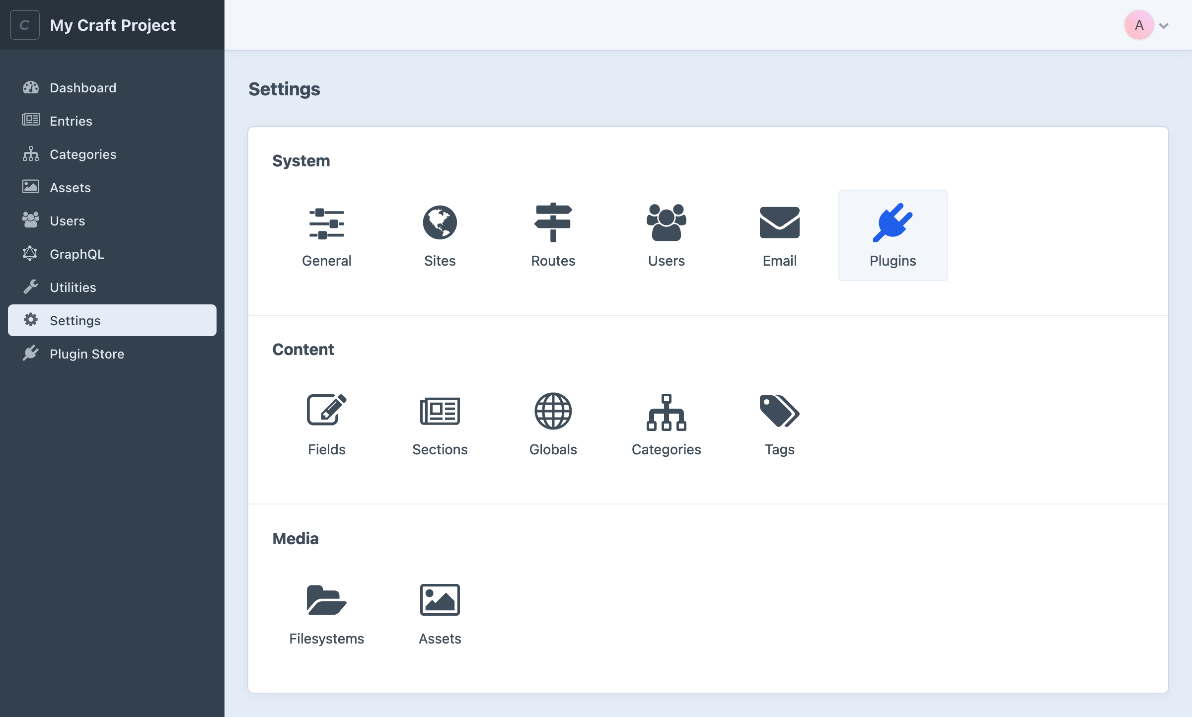 The “Plugins” link within Craft’s Settings page