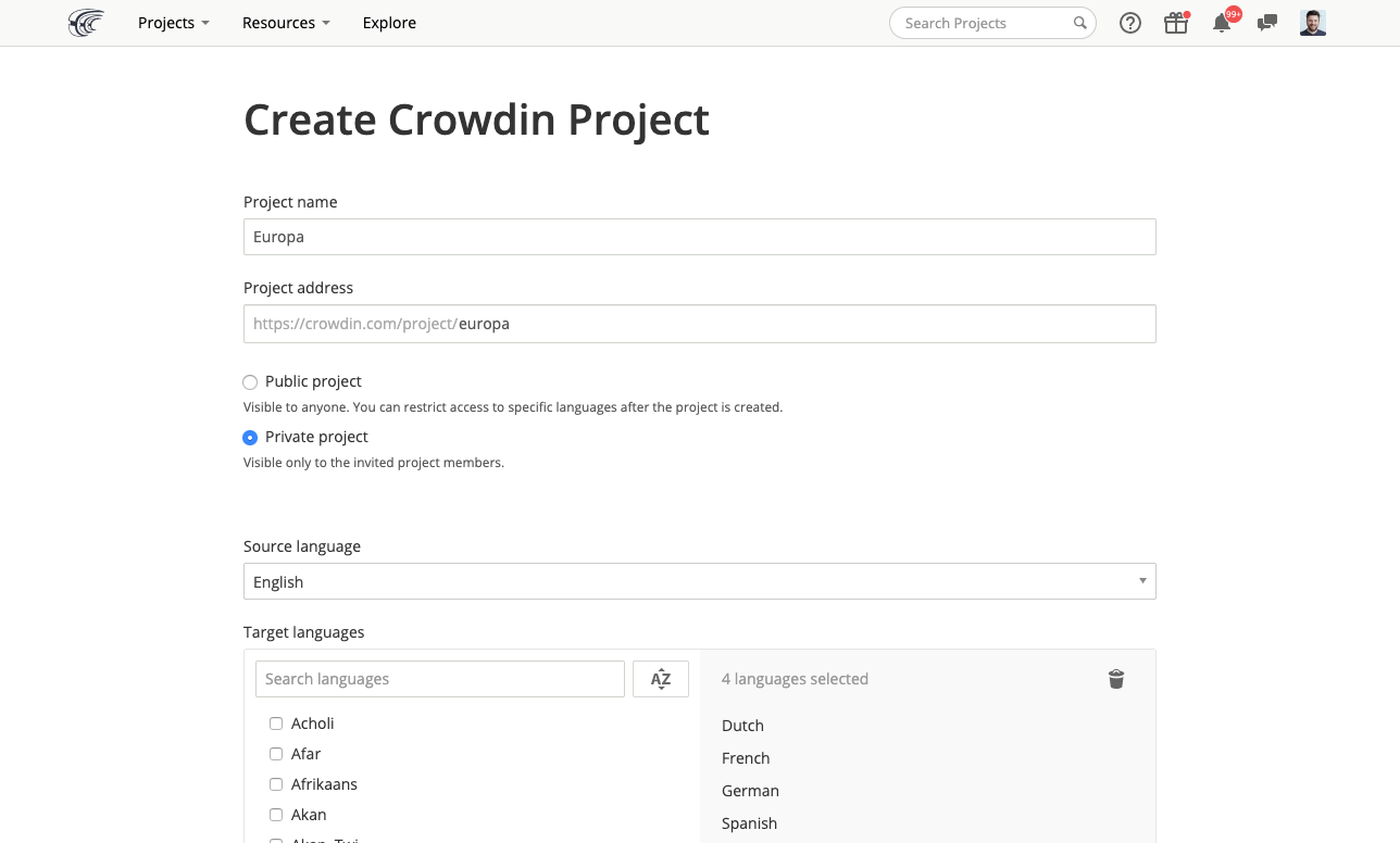 Crowdin Create Project screen