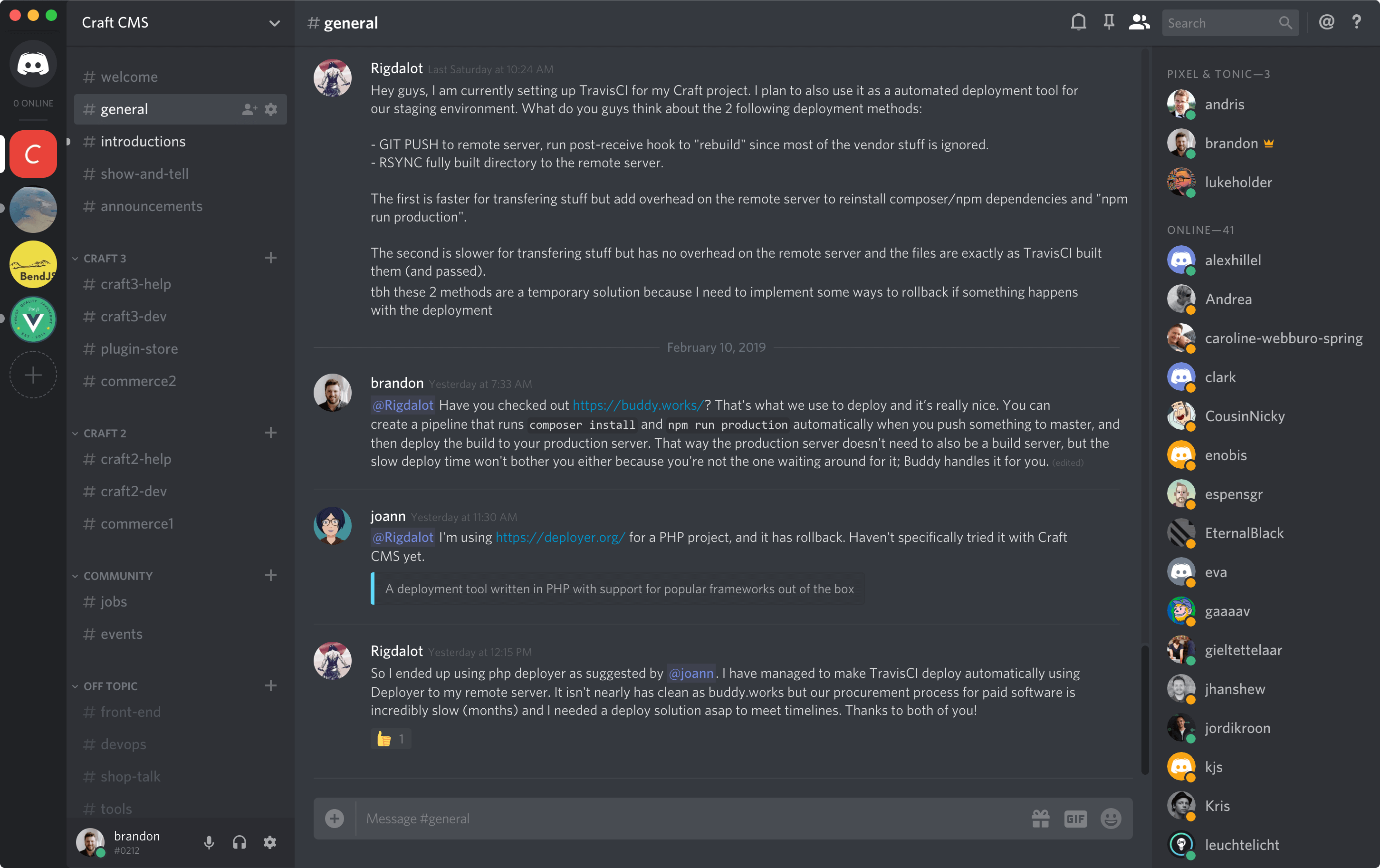 Screenshot of the Craft community on Discord