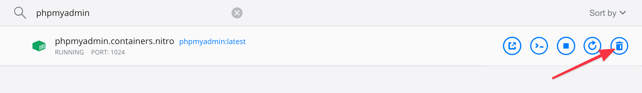Docker phpMyAdmin Container Delete Button