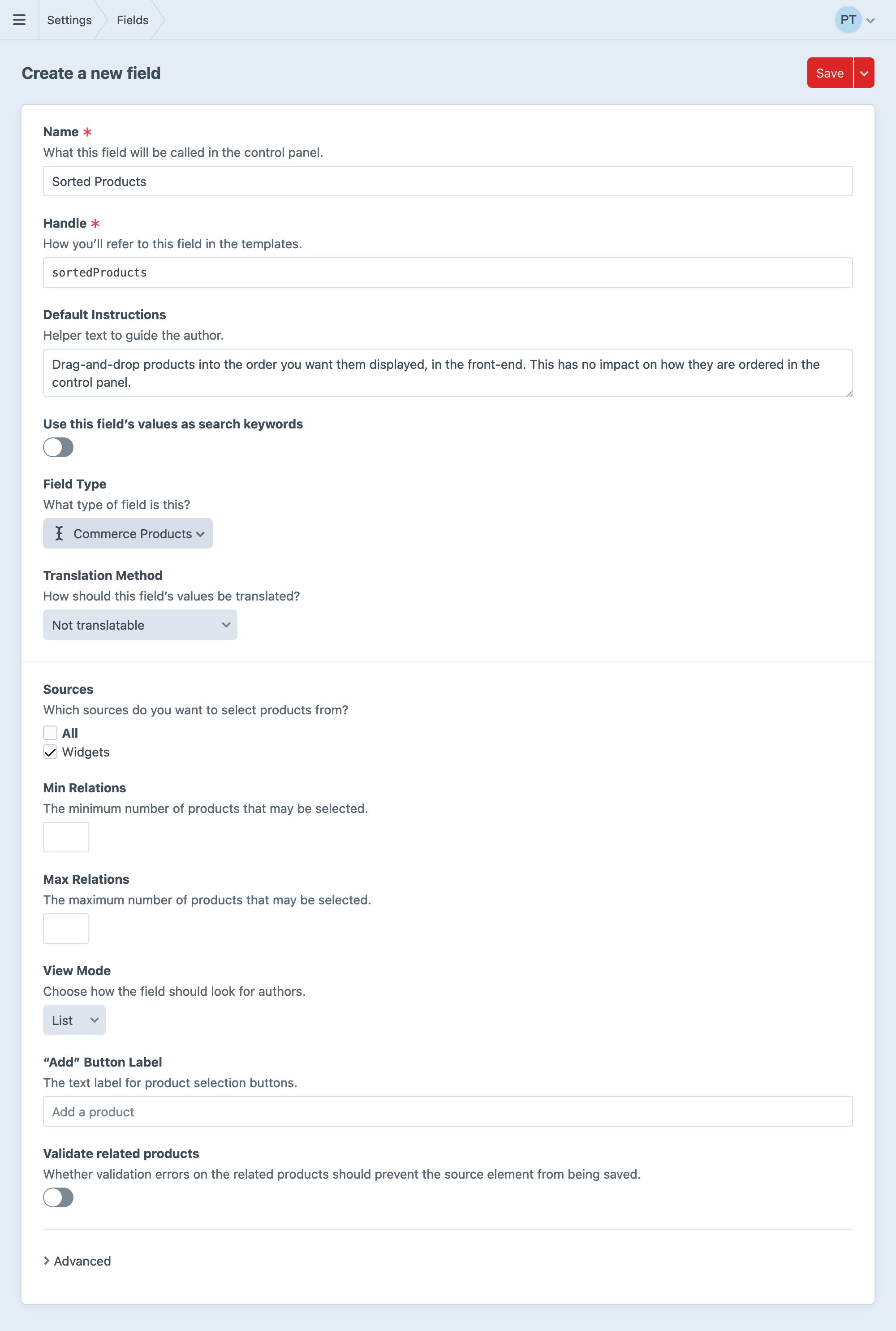 Ordered Products Field