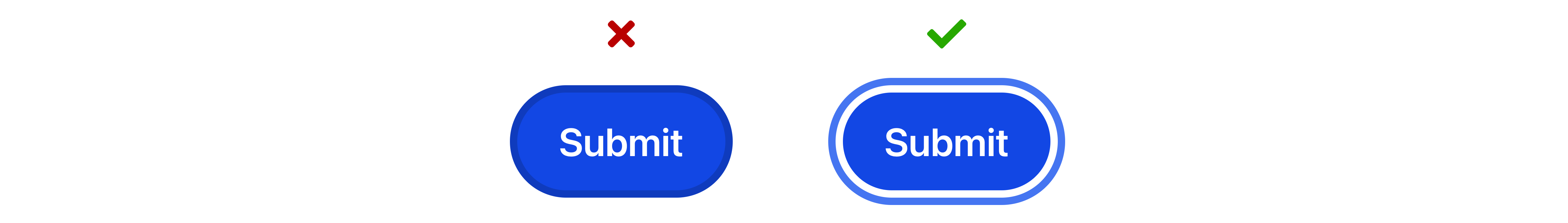 Bad: a blue border around a blue button. Good: an offset blue border around a blue button.