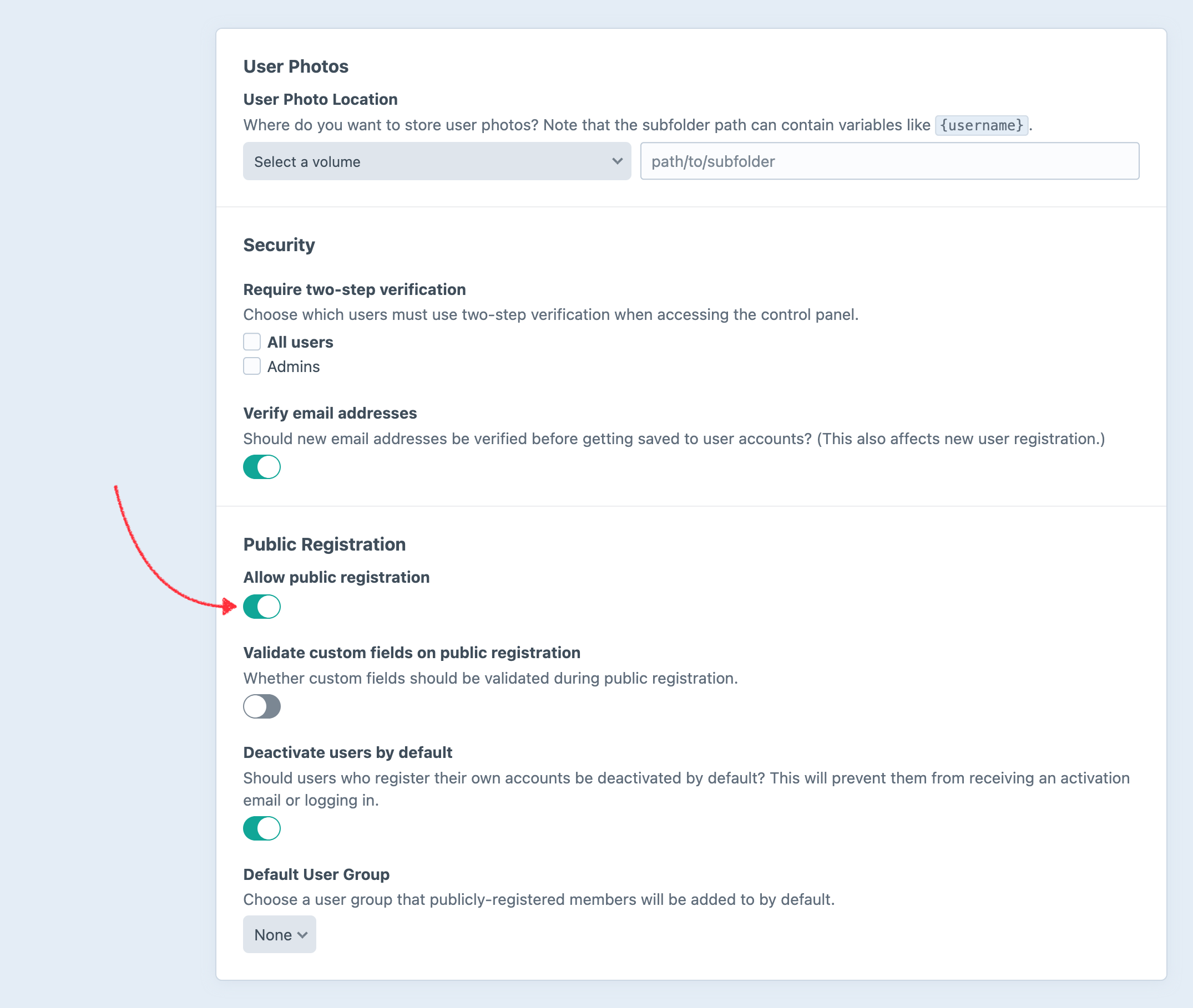 Public registration setting