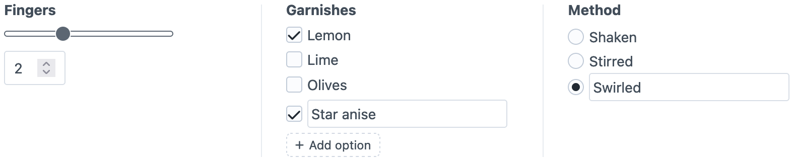Range, Checkboxes, and Radio Buttons fields