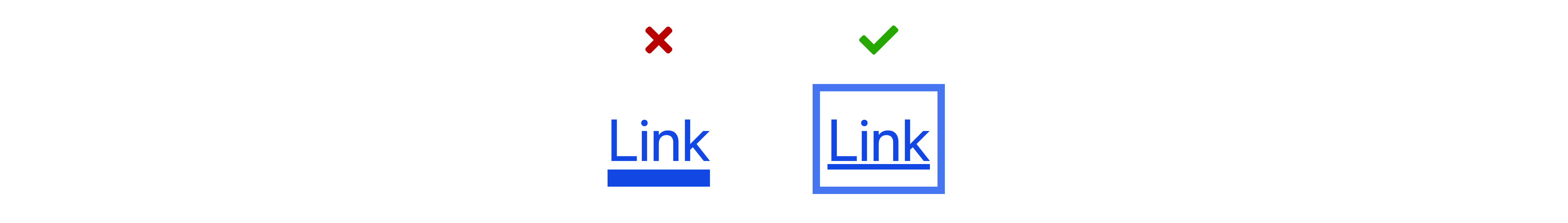 Bad: a thick underline on a link. Good: a blue border around a link.