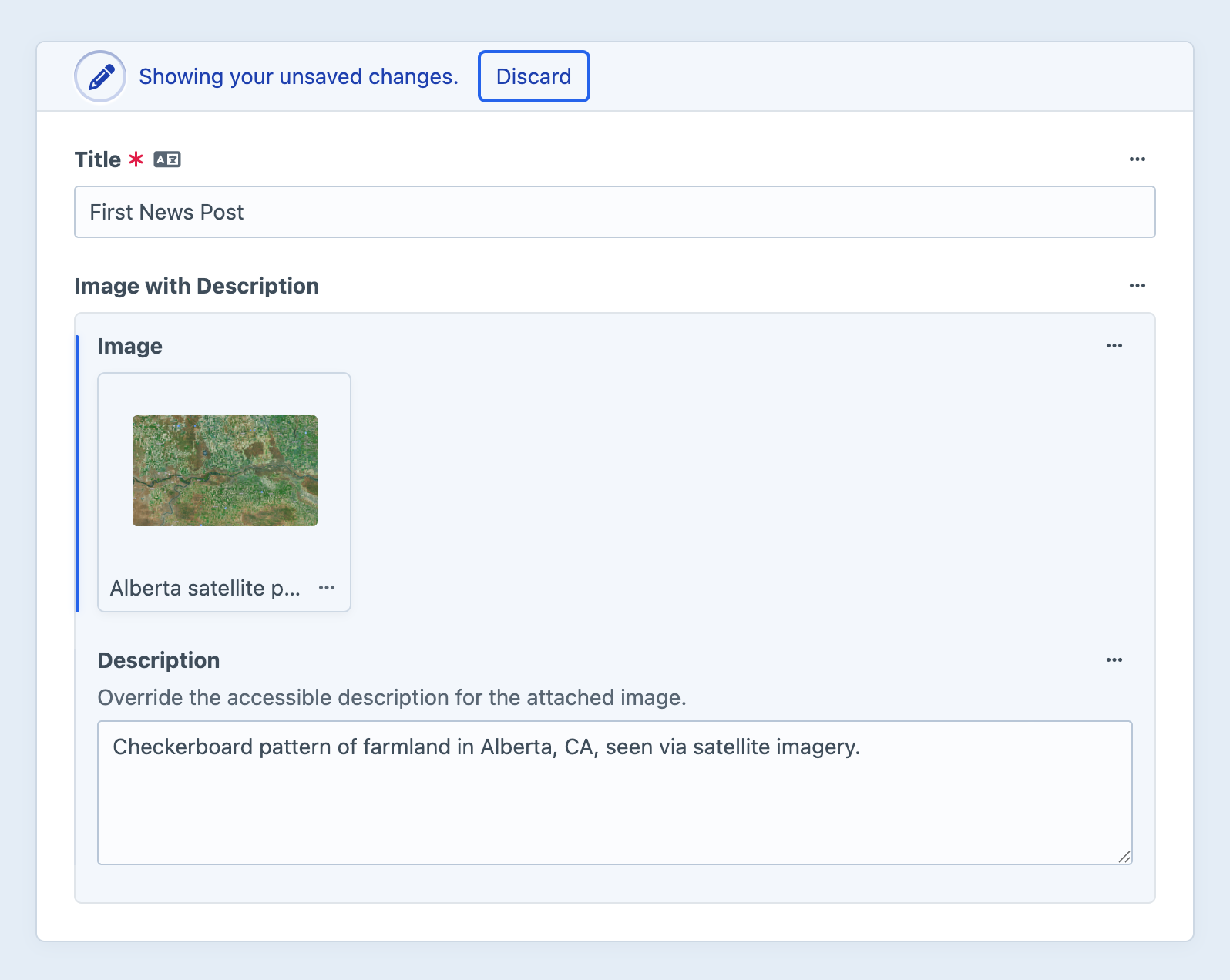 Screenshot of an entry edit screen, showing a content block field with nested image and description fields.