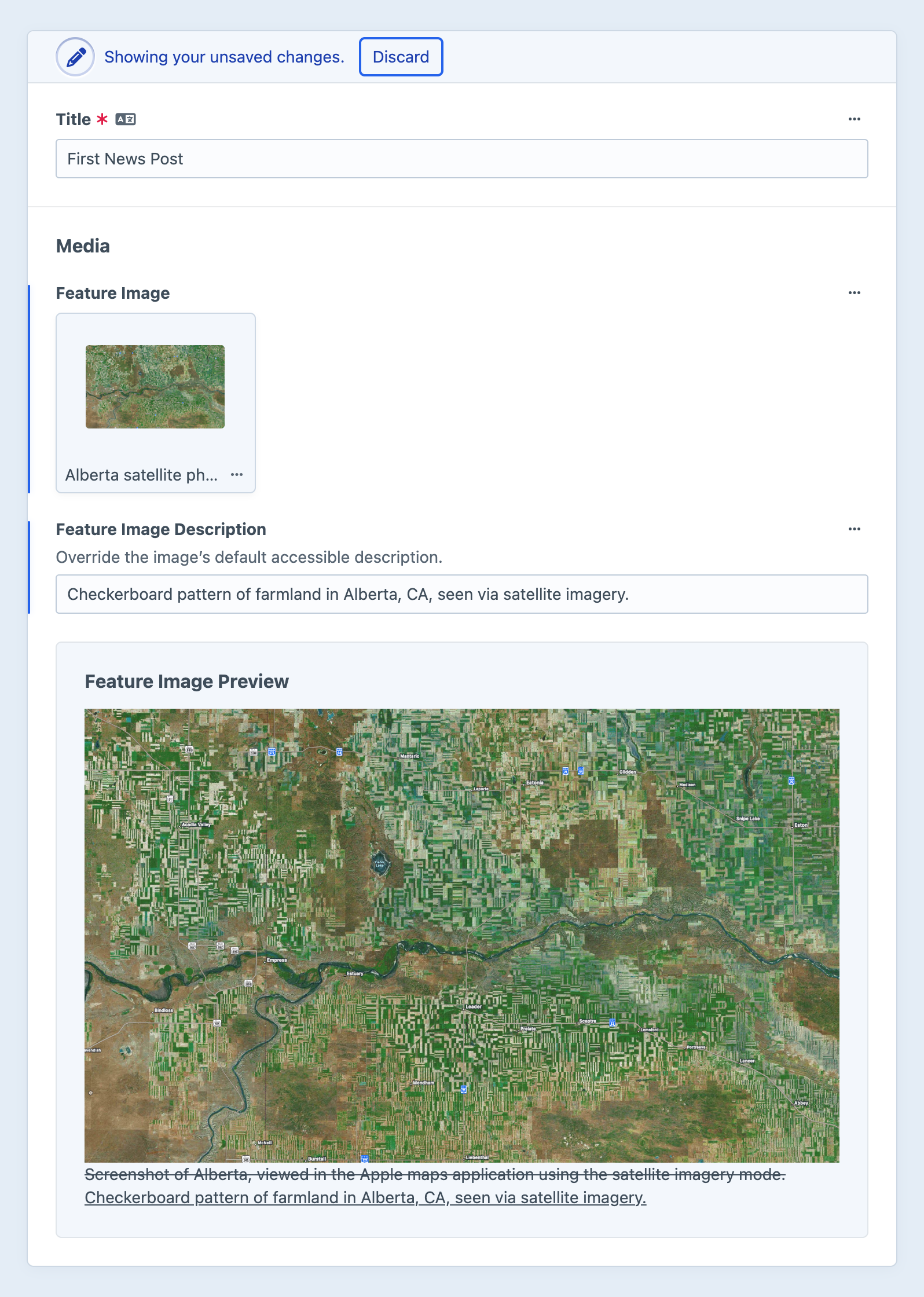 Screenshot of an entry edit screen, showing a special UI field layout element that renders a preview of an attached image and its resolved accessible description.