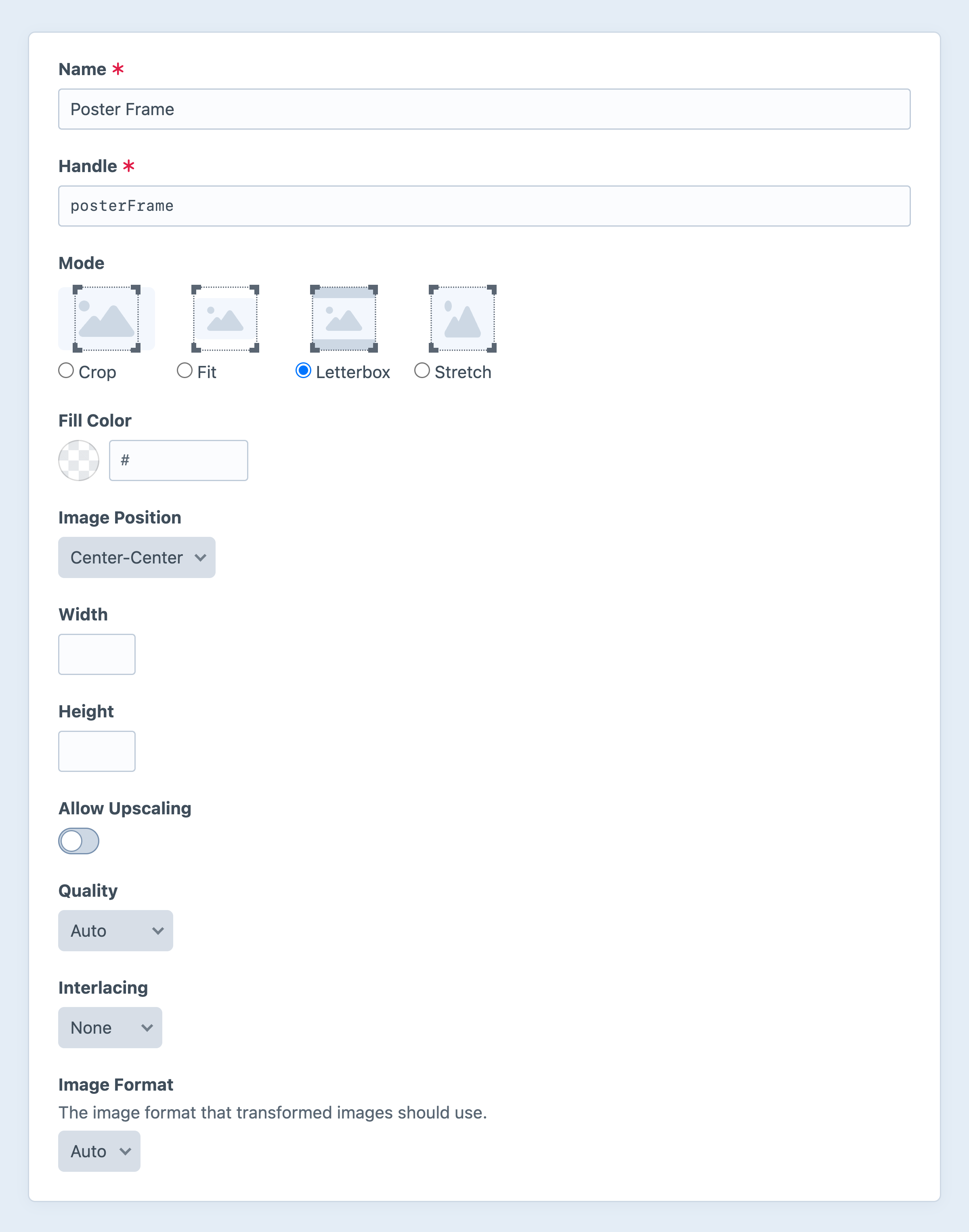 Asset transform edit screen