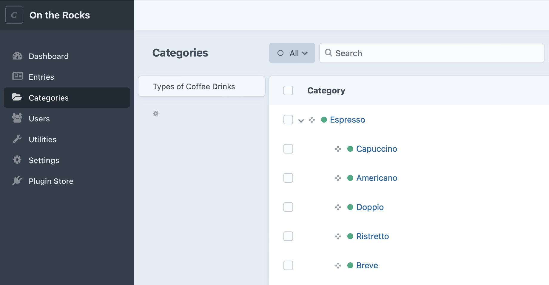 Screenshot of the categories index, with “Categories” active in the main navigation, the “Types of Coffee Drinks” category group selected, and a listing of category names in a nested hierarchy