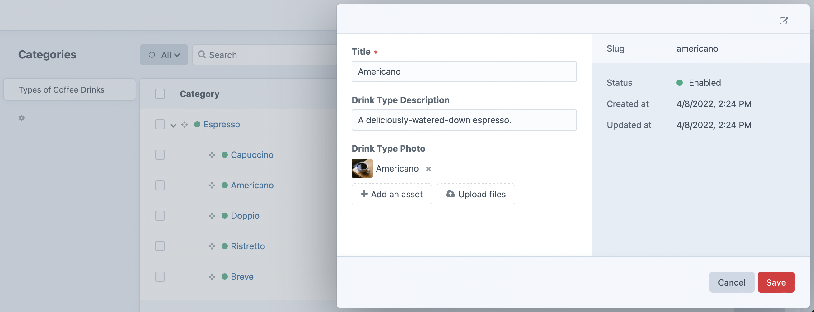 Screenshot of the category listing with a slideout opened for editing the “Americano” category fields