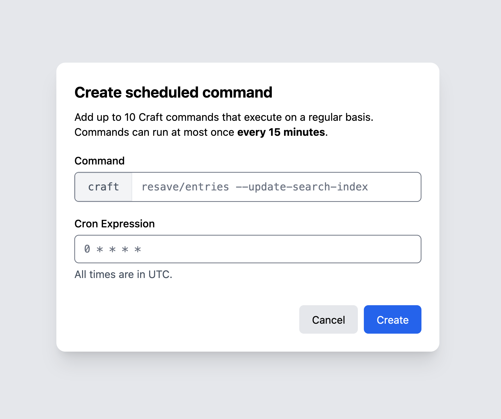 Screenshot showing a modal in Craft Console for configuring a scheduled/recurring command.
