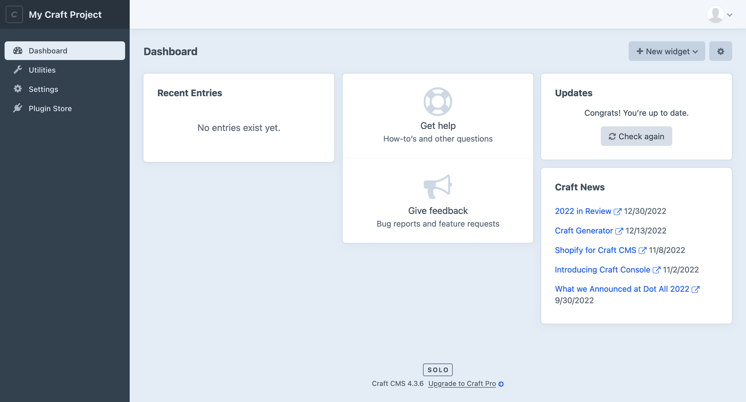 Craft dashboard