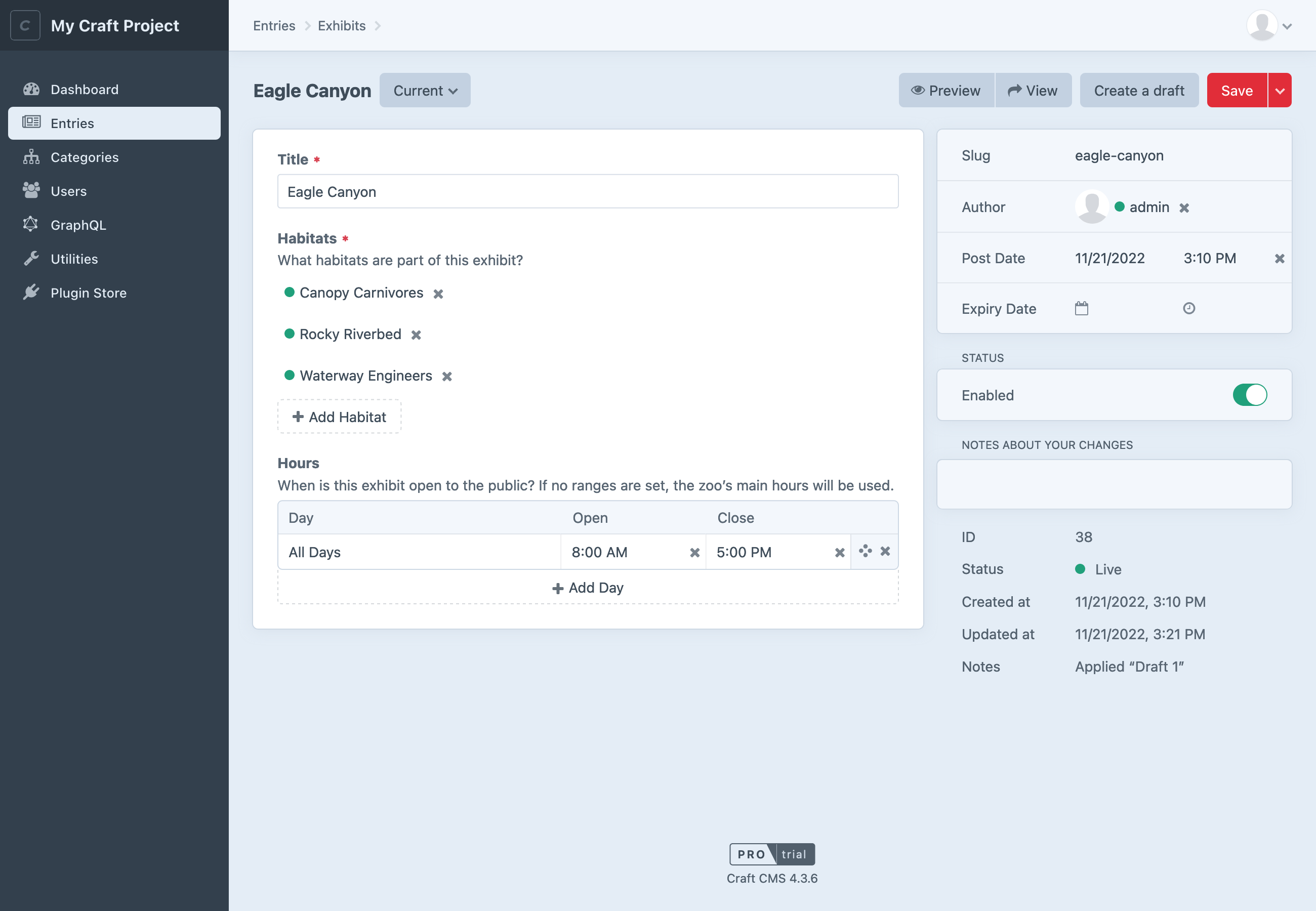 A representative screen from the Craft control panel