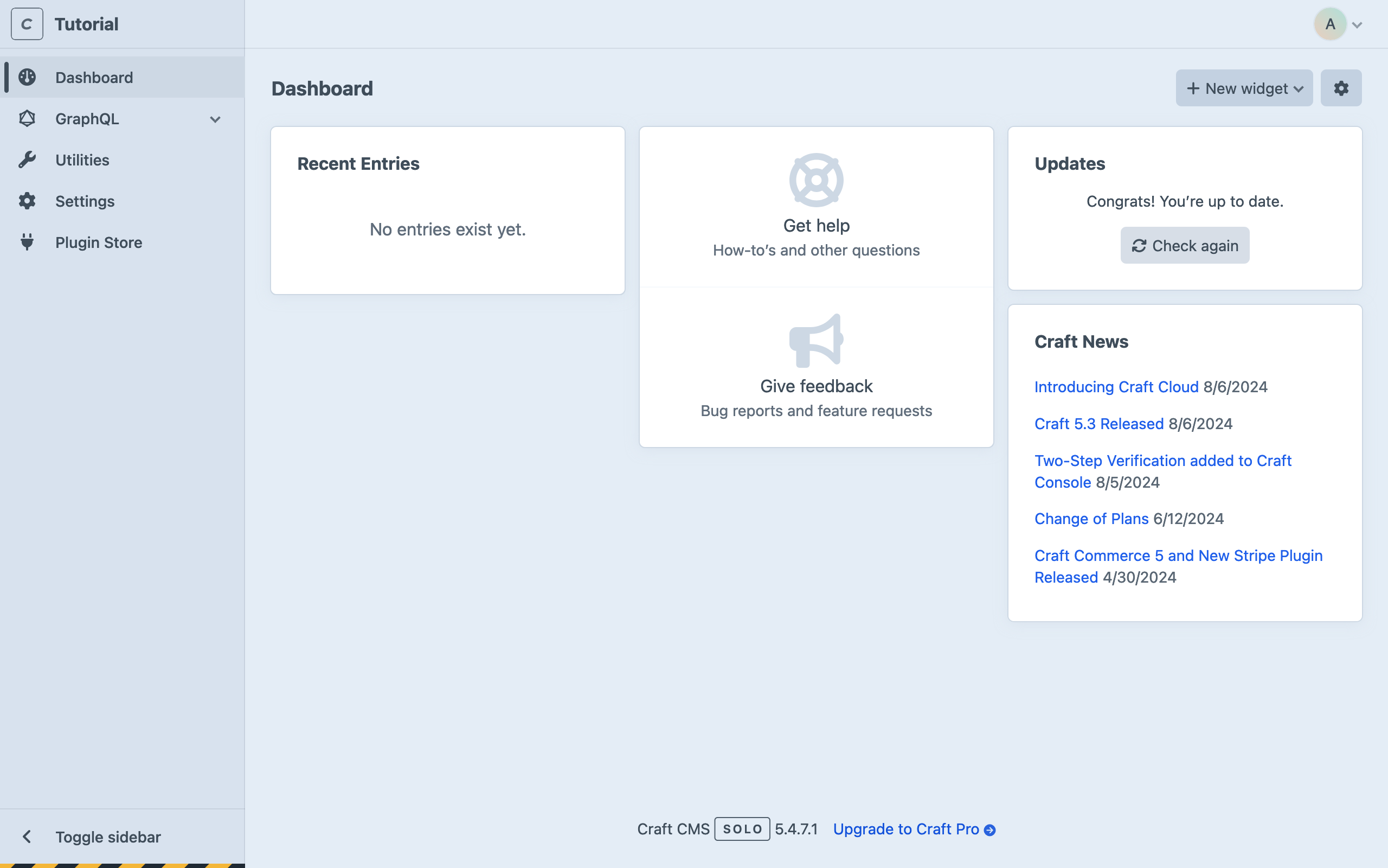 Screenshot of the Craft CMS control panel Dashboard