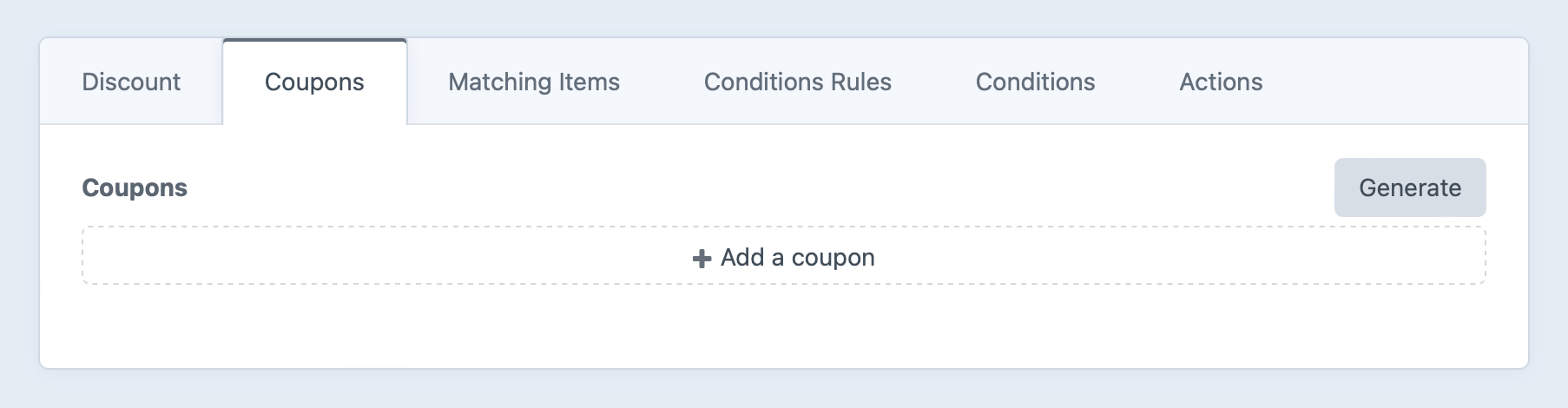 Screenshot of a new discount’s settings with its “Coupons” tab selected, displaying a “Generate” button and a separate “Add a coupon button”