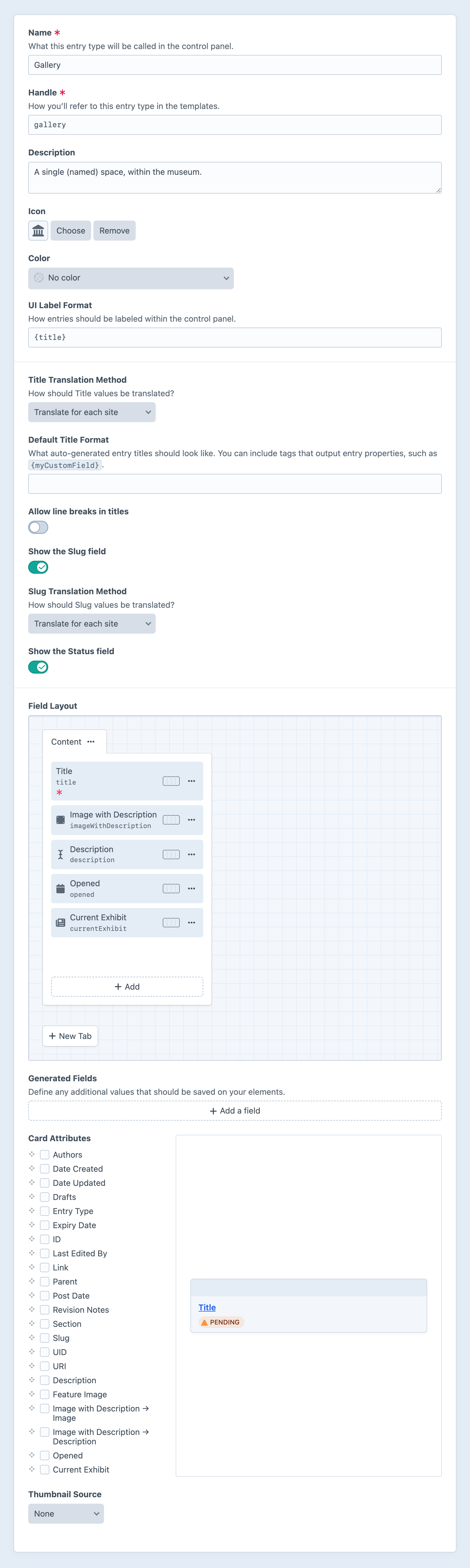 Screenshot of entry type settings