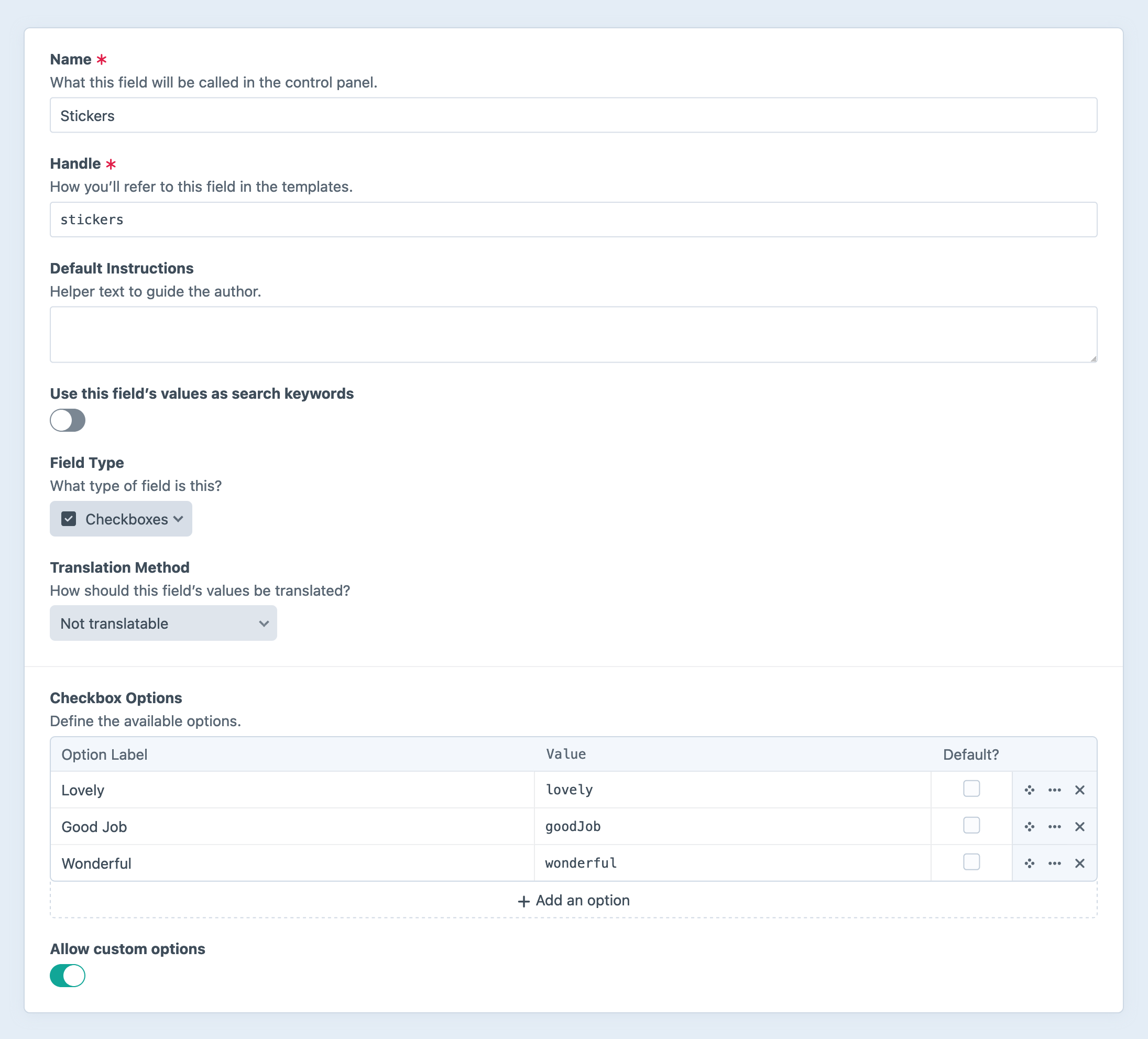 Checkboxes field settings screen in the Craft control panel