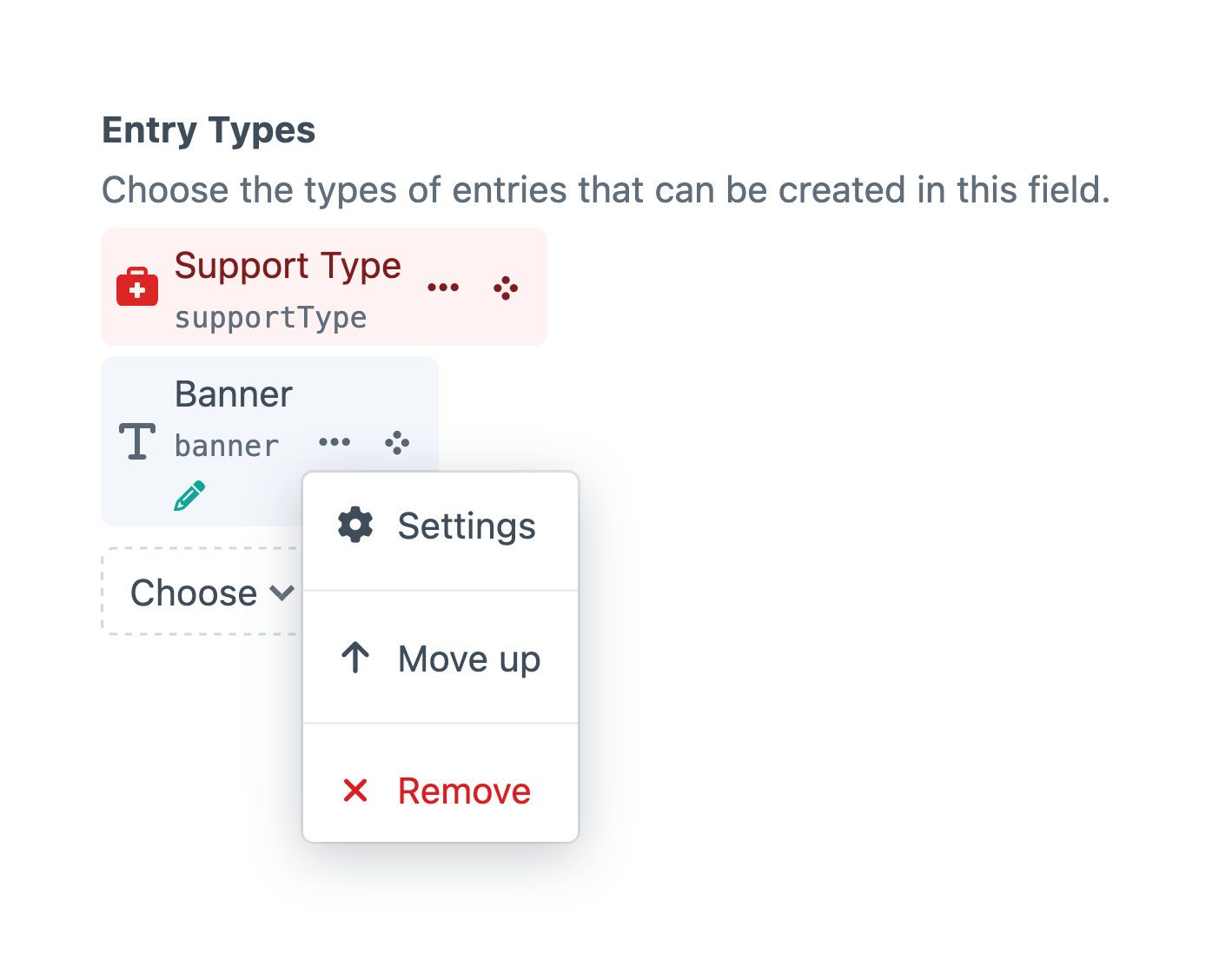 Opening a selected entry type’s settings