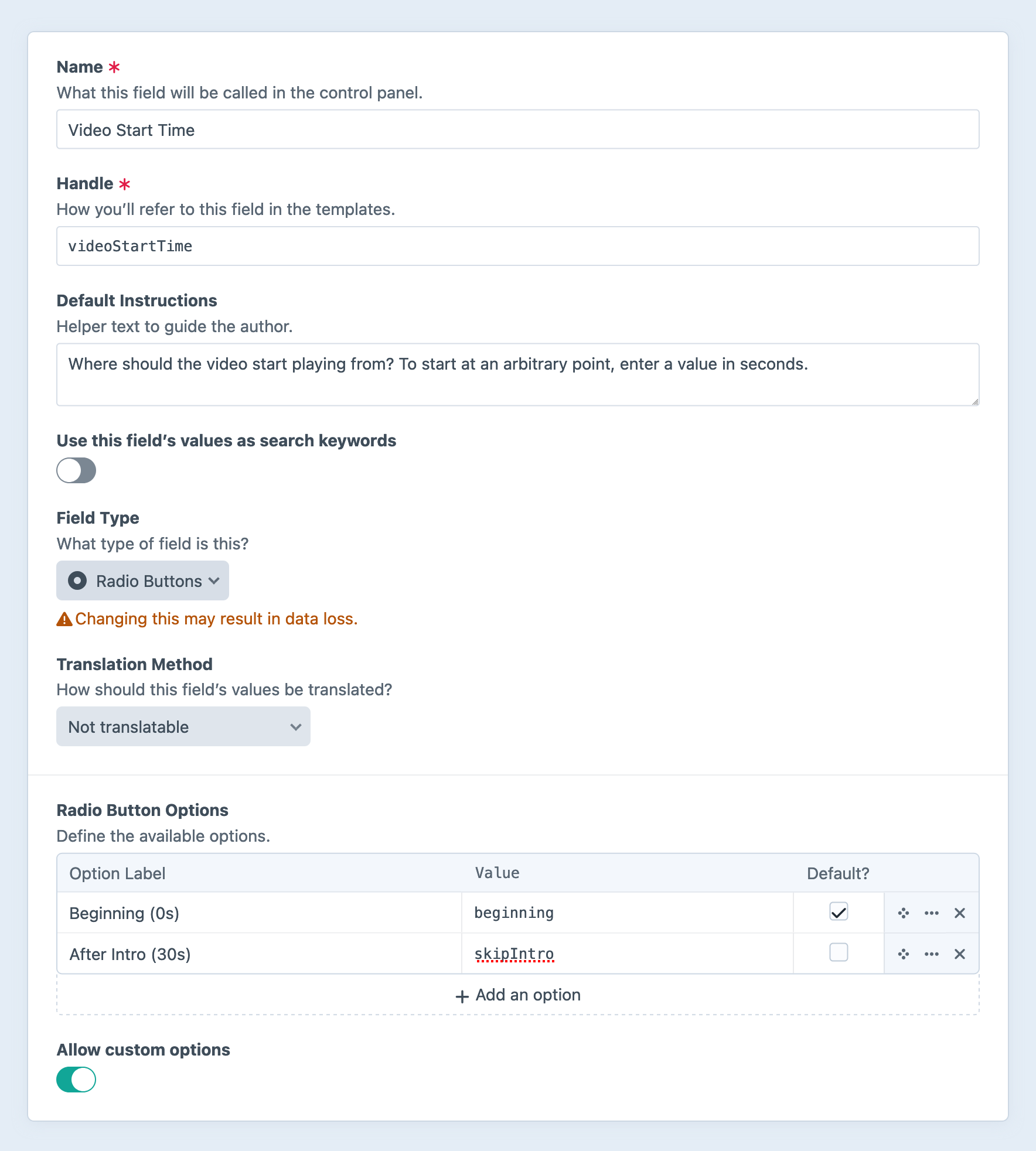 Radio buttons field settings screen in the Craft control panel