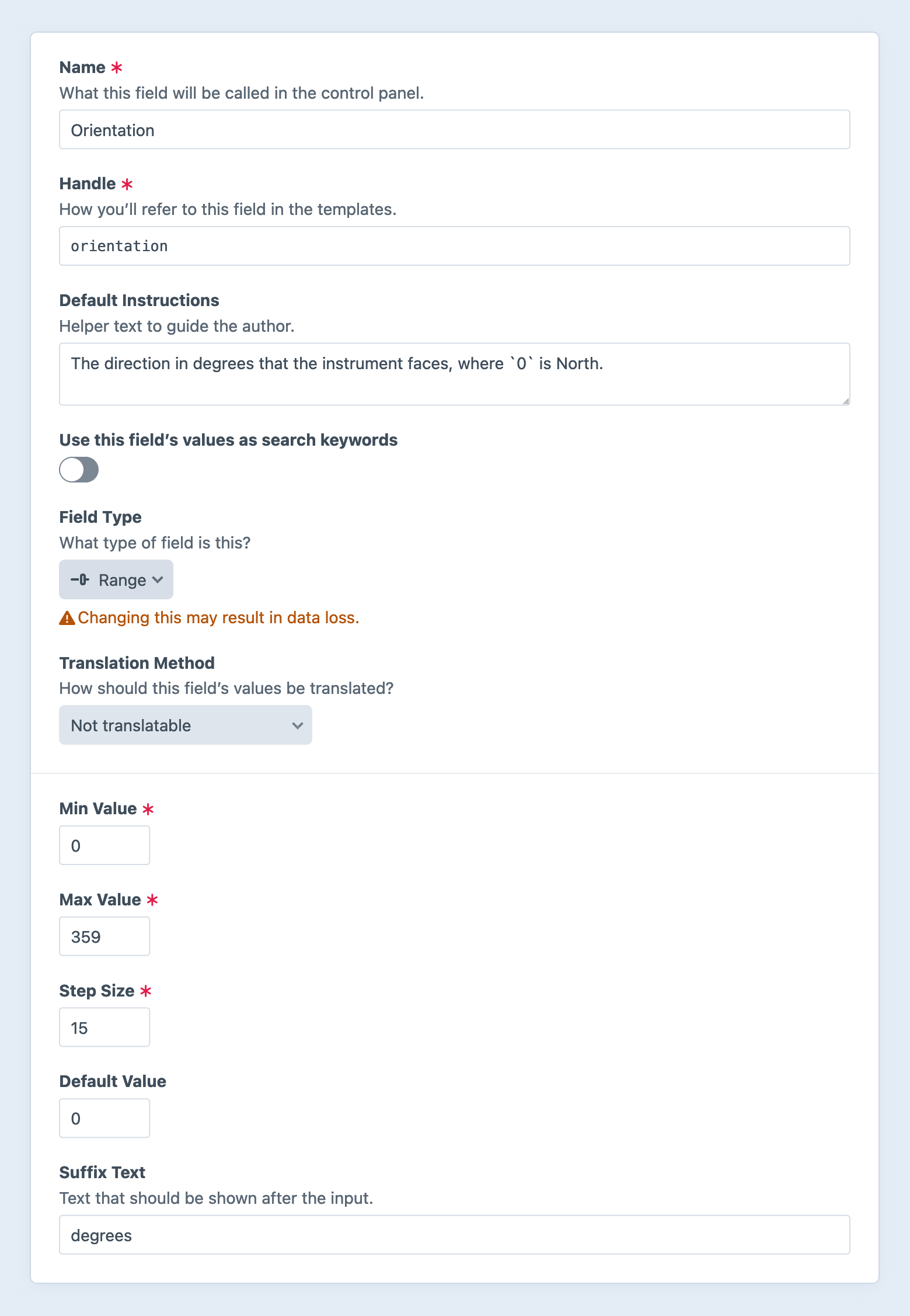 Range field settings screen in the Craft control panel