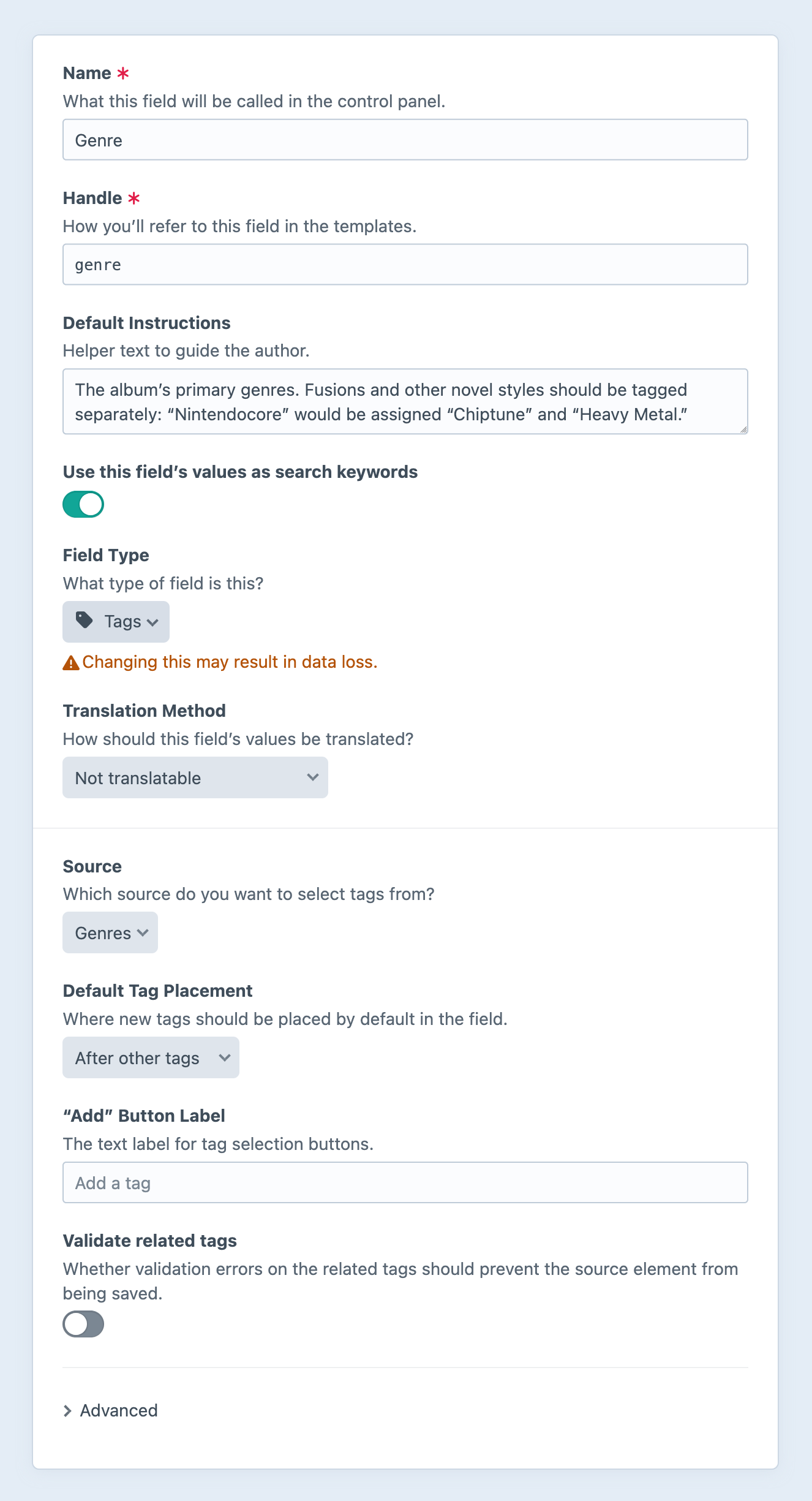 Tags field settings screen in the Craft control panel