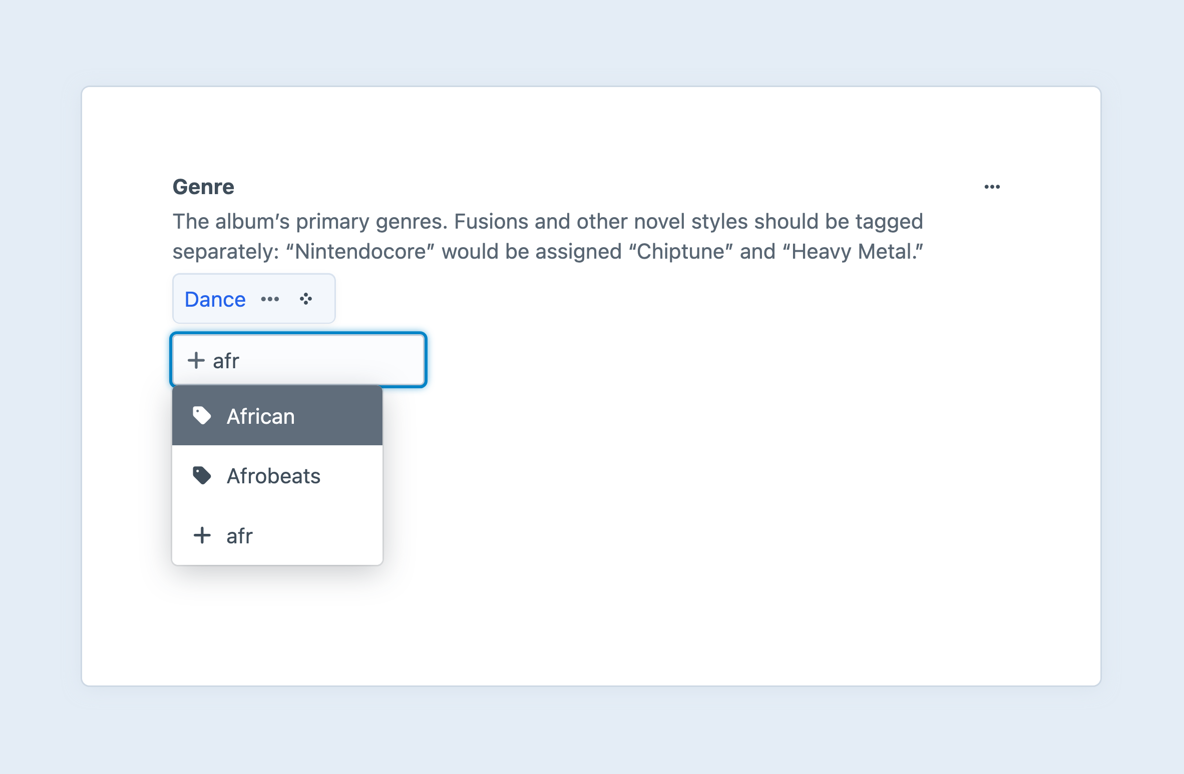 Screenshot of the tags field interface in the Craft control panel