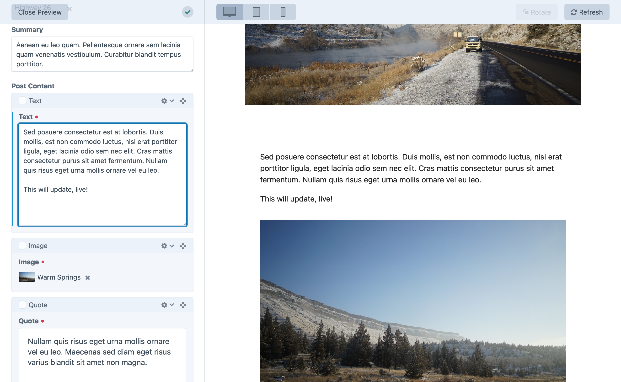 Screenshot of control panel editing a post with live preview: content on the left and a front end preview on the right