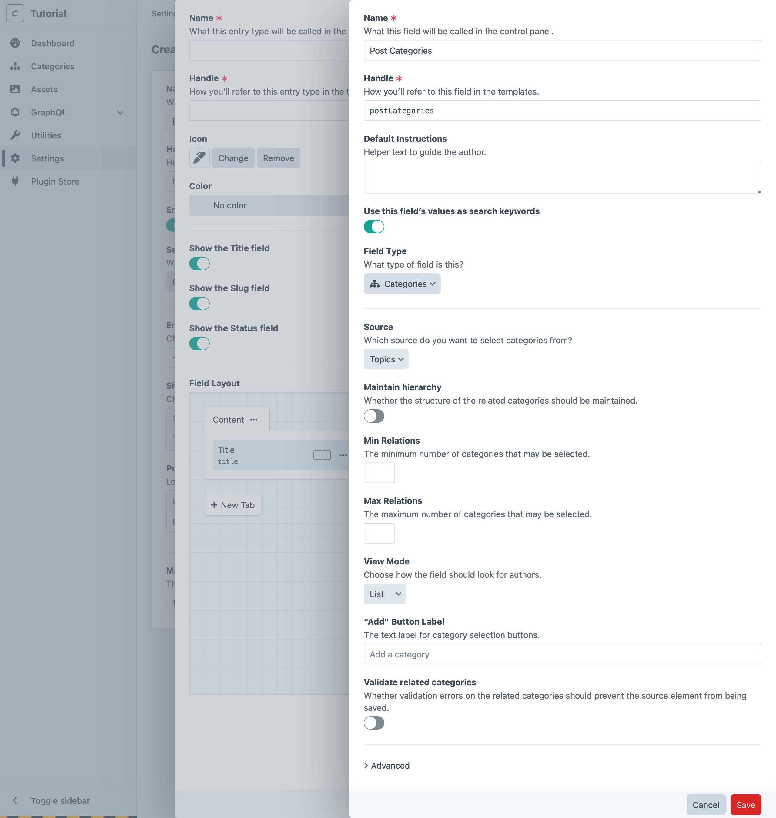 Screenshot of the categories field settings