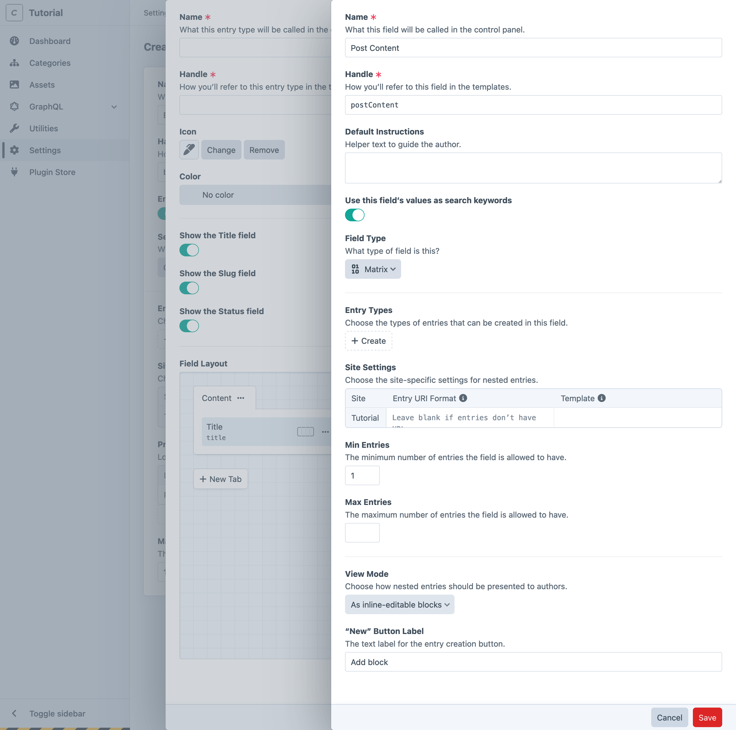 Screenshot of Matrix field settings