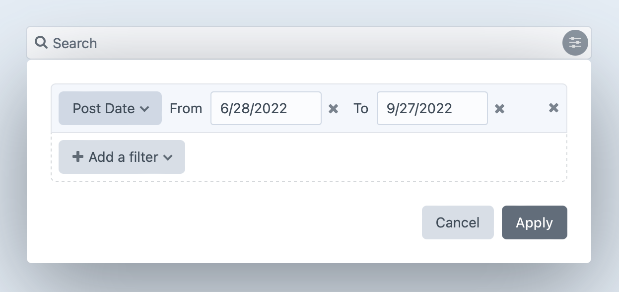 Screenshot of open search filter with an example Post Date rule with a begin and end date