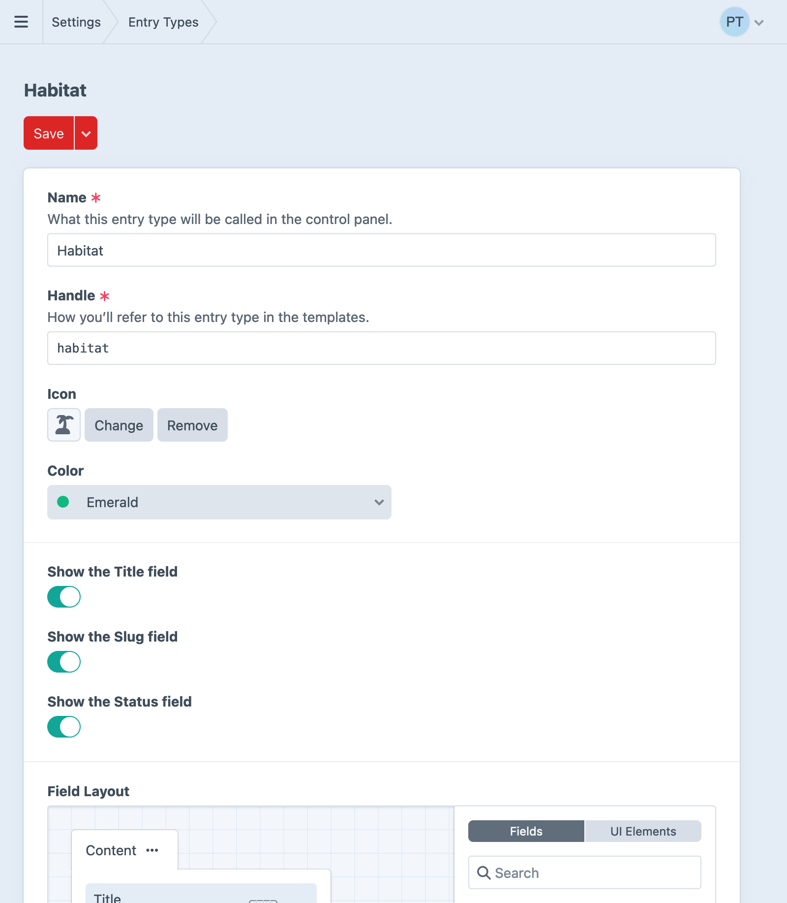 Screenshot of entry type settings