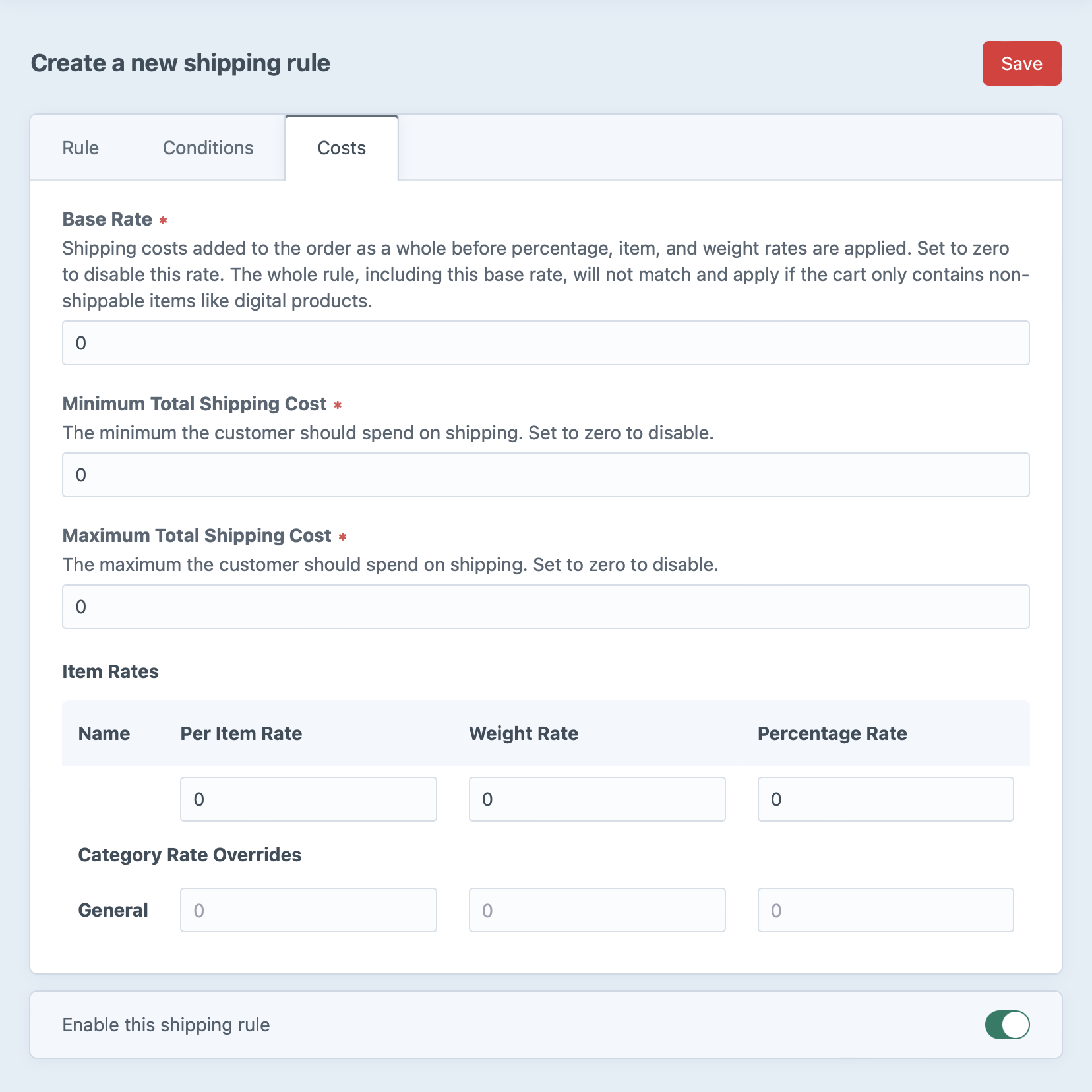 A default Shipping Method Rule Costs form.