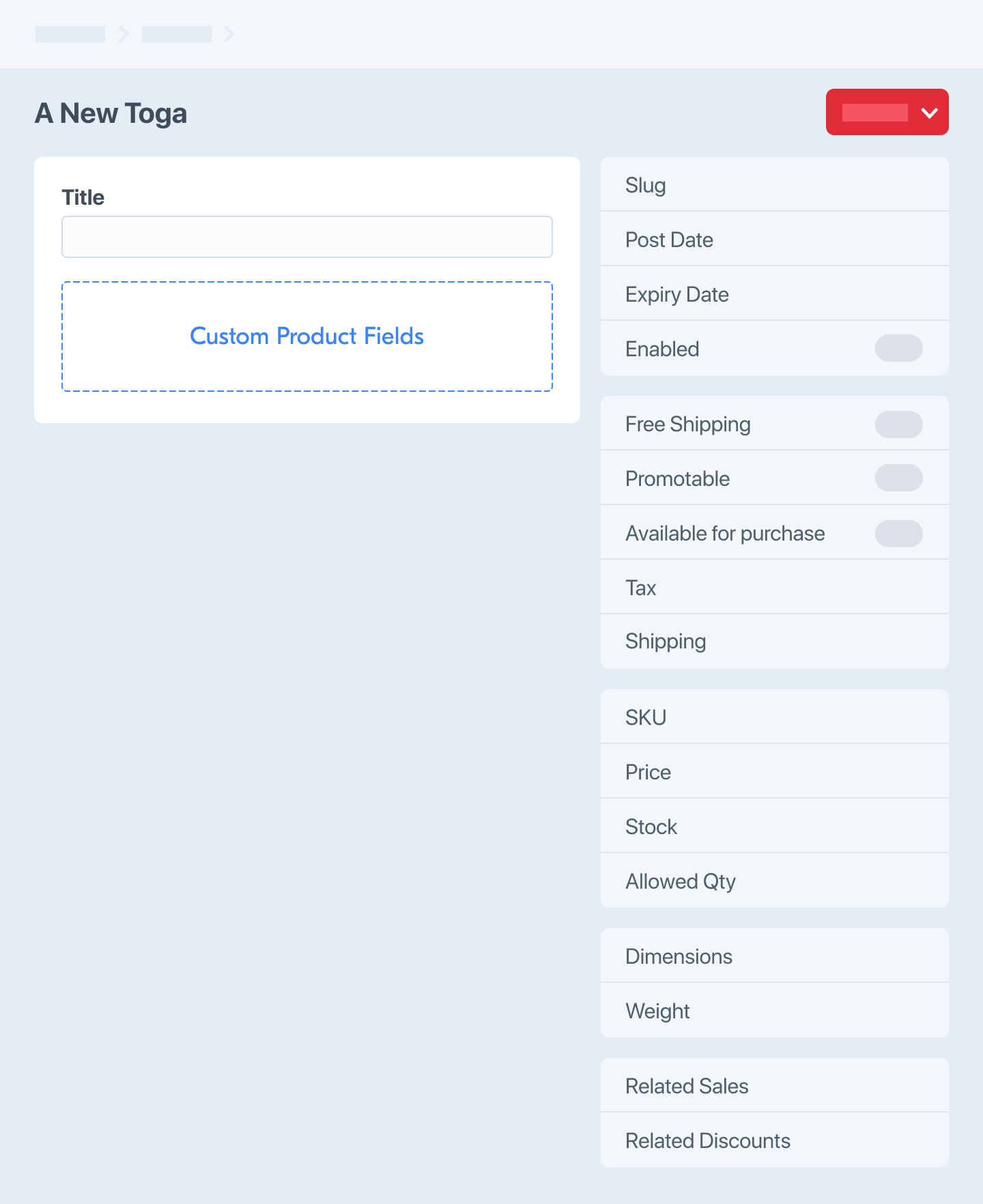 Stylized illustration of a single-variant product edit page, with custom product fields in a single content pane and fields like SKU in the sidebar details