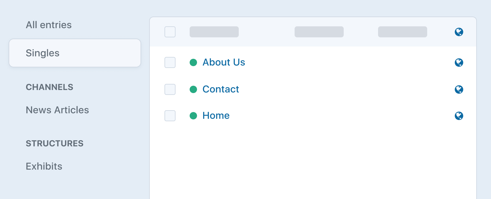Illustration of Entries layout with “Singles” selected, showing “About Us”, “Contact” and “Home” entries