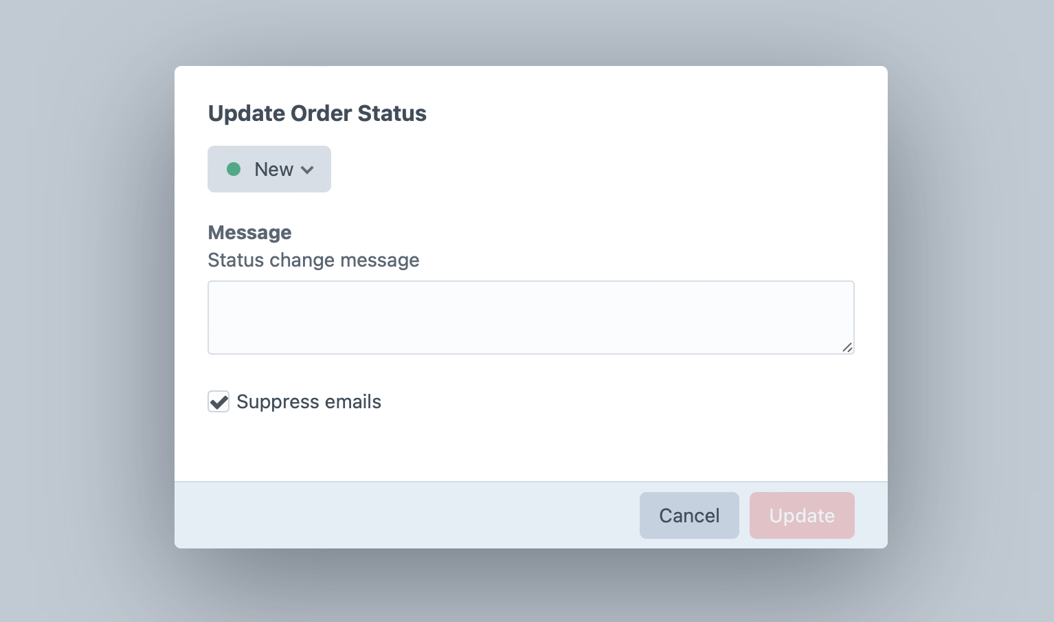 Screenshot of order status edit modal with “Update Order Status” heading, a status dropdown, message field, and “Suppress emails” checkbox