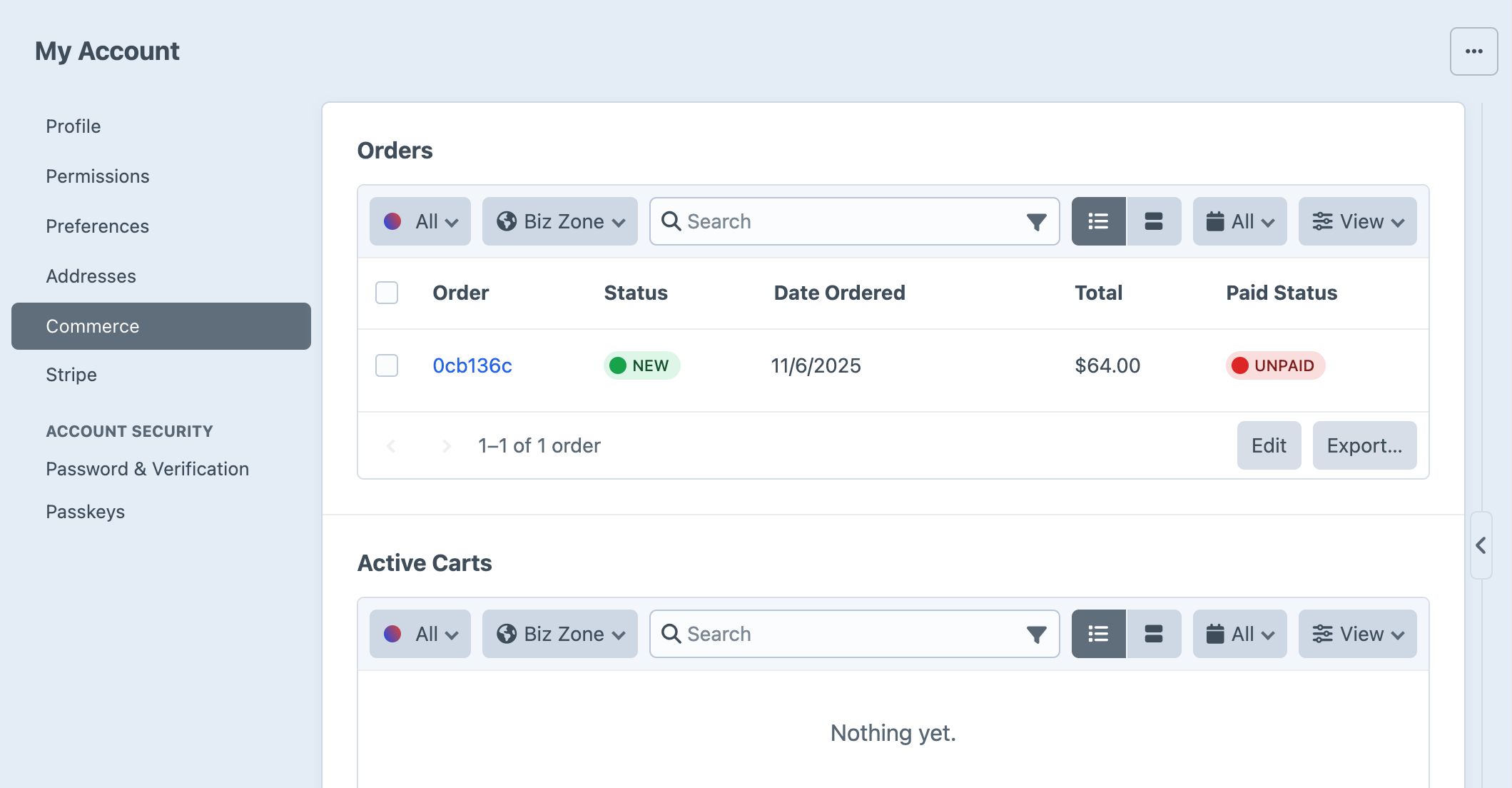 Screenshot of user edit screen with four tabs: Account, Content, Permissions, and Commerce