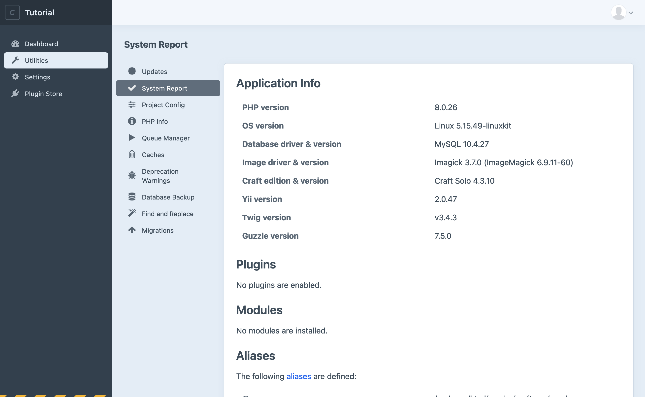 Screenshot of the Craft CMS utilities section